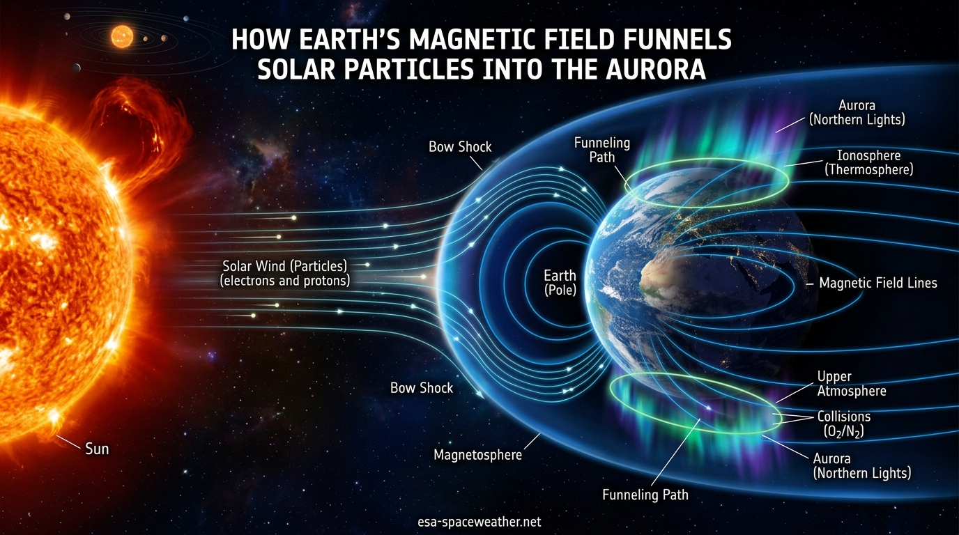How Earth's Magnetic Field Funnels Solar Particles Into the Aurora
