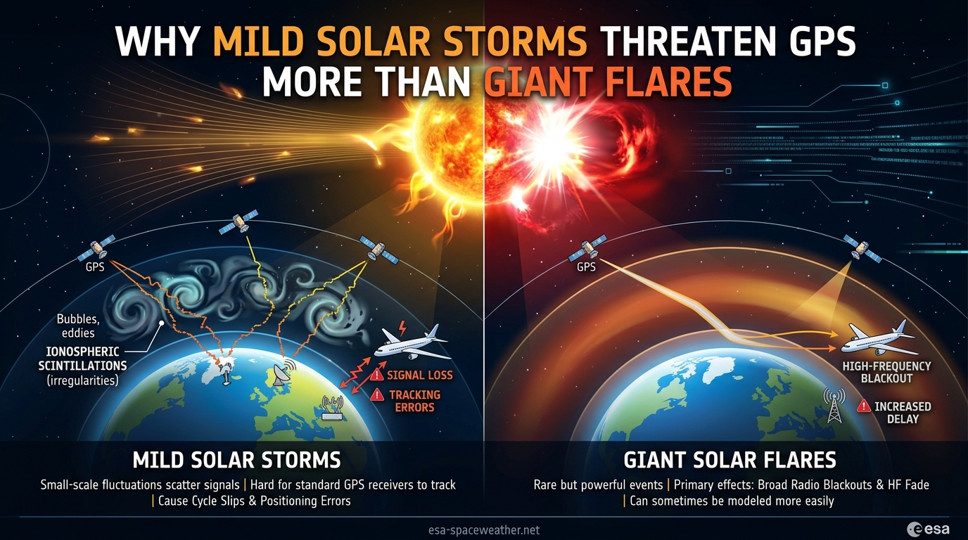 Why Mild Solar Storms Threaten GPS More Than Giant Flares