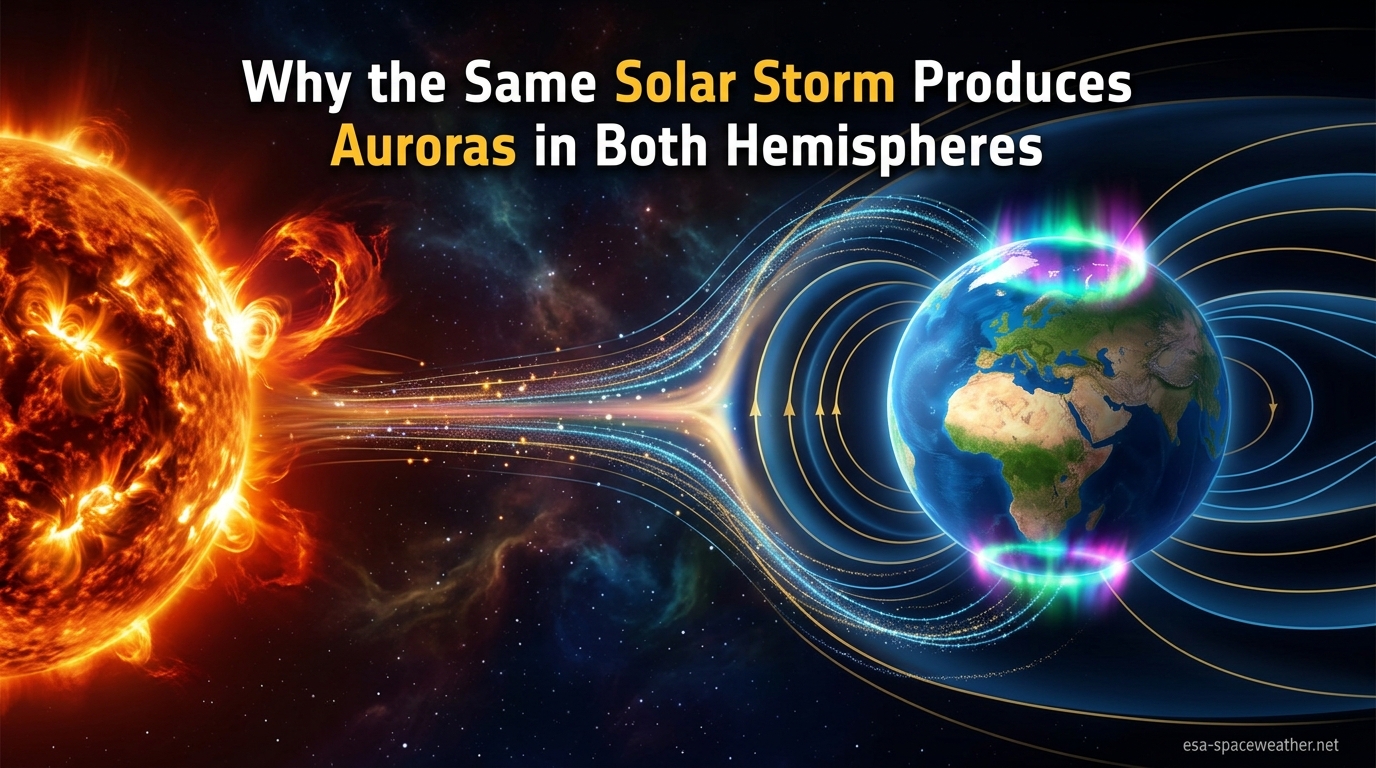 Why the Same Solar Storm Produces Auroras in Both Hemispheres