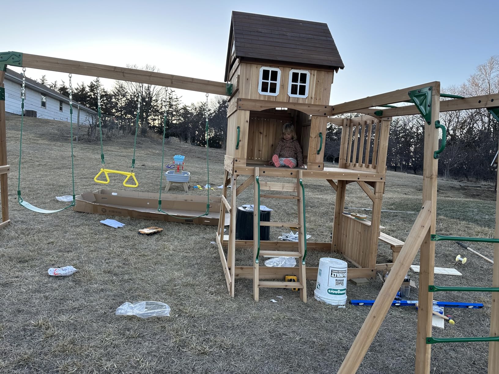 Backyard Discovery Montpelier Cedar Wood Swing Set, Wave Slide, Clubhouse, Monkey Bars, Picnic Area, Snack Bar, Belt Swings, Trapeze, Balcony, Playhouse, Working Door, Ladder, Outdoor Playset customer photo 1