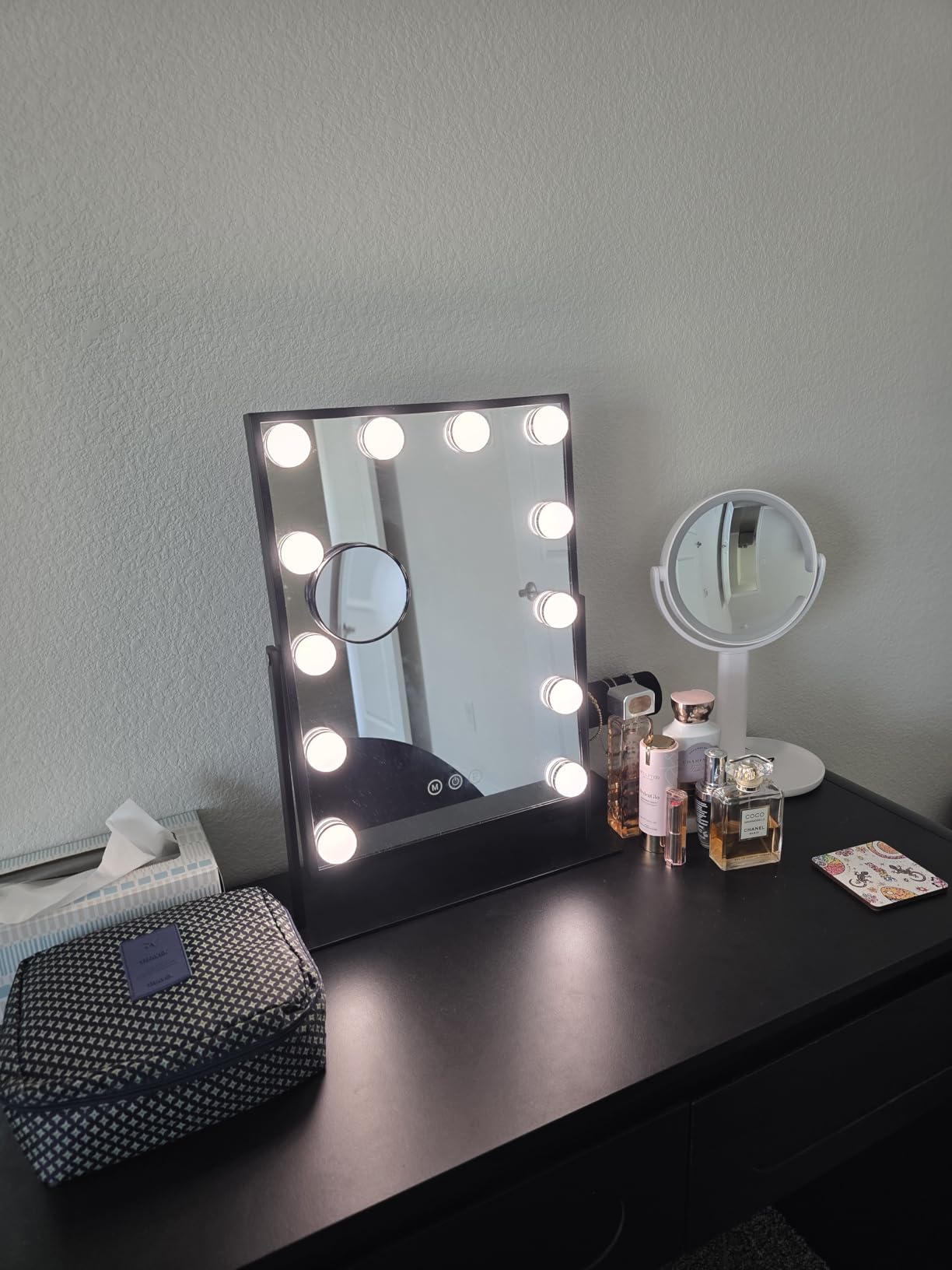 FENCHILIN Vanity Mirror with Lights, 19''x12'' Makeup Hollywood Mirror for Desk with 12 Bulbs Light Smart Touch Control 3 Colors Dimmable Detachable 10X Magnification Tabletop 360 Rotation customer photo 2