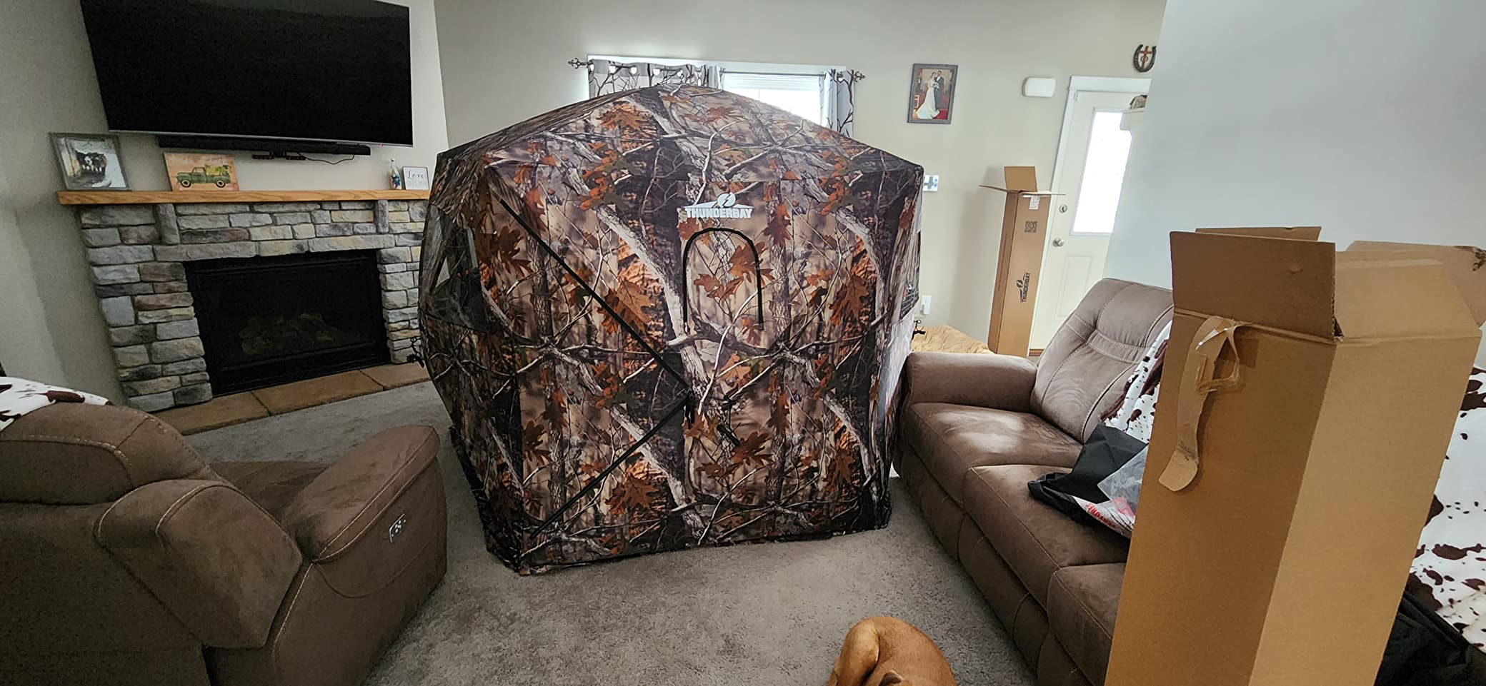 THUNDERBAY Gobbler Lodge 5-Side Hunting Blind, 4 Person Ground Blind for Deer Hunting, 300D Oxford Fabric Deer Blind, JX Hardwood Camo Pattern customer photo 2