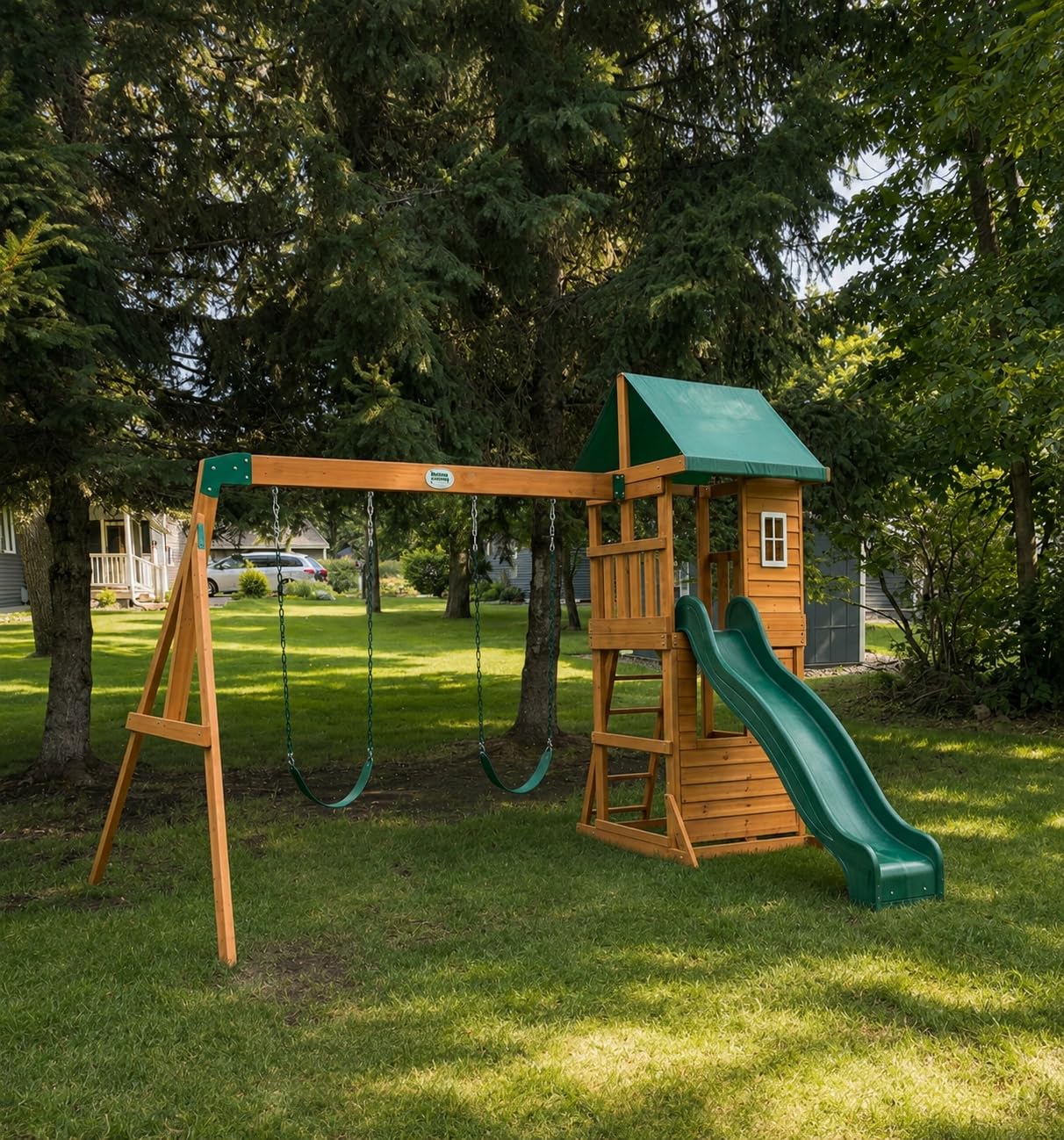 Backyard Discovery Lakewood Cedar Wood Swing Set with Wave Slide, Clubhouse, Playhouse, Snack Bar Window, Picnic Area, Belt Swings, Trapeze, Full Front Door, Windows, Step Ladder, Outdoor Playset customer photo 1