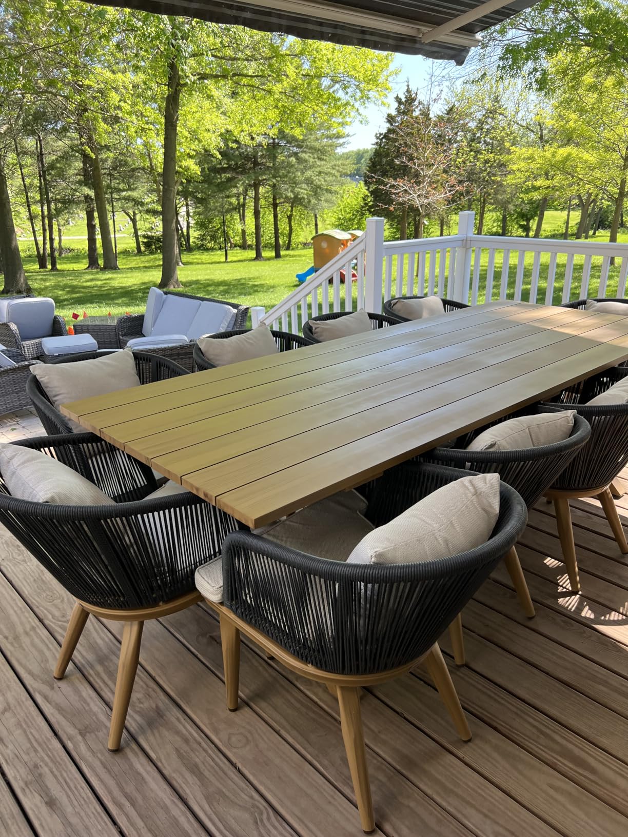 PURPLE LEAF 9 Pieces Patio Dining Set Teak-Finish Aluminum Table and Chairs - All-Weather PE Rattan Back and Arm, Reinforced X-Leg, Slatted Drainage Design, Ergonomic Deep Seat, Removable Comfort Cushion customer photo 2
