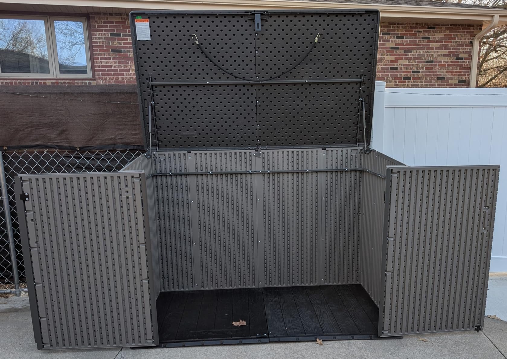 LIFETIME Horizontal Outdoor Storage Shed, Weather Resistant Resin Storage Can Fit Two Large Garbage Cans, Lockable Doors, Spring-Hinge Lid, Low-Maintenance Backyard Utility Shed customer photo 2
