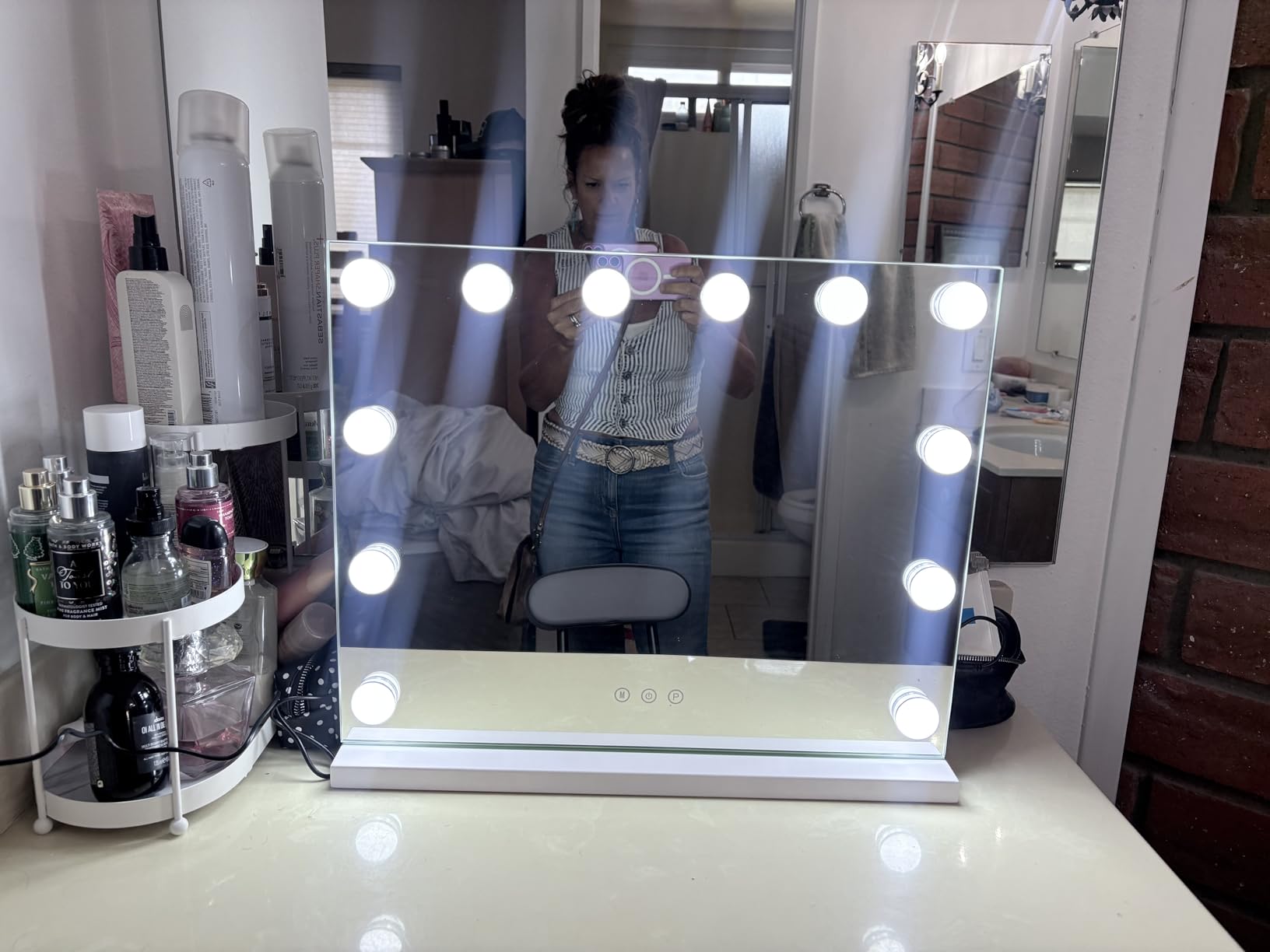 Lighted Makeup Mirror, Hollywood Vanity with Dimmable 15 Bulbs | 3 Color Light Modes, USB-A & USB-C Ports, Touch Control, Tabletop & Wall Mounted, Dorm Room Essentials, Gifts for Women customer photo 2