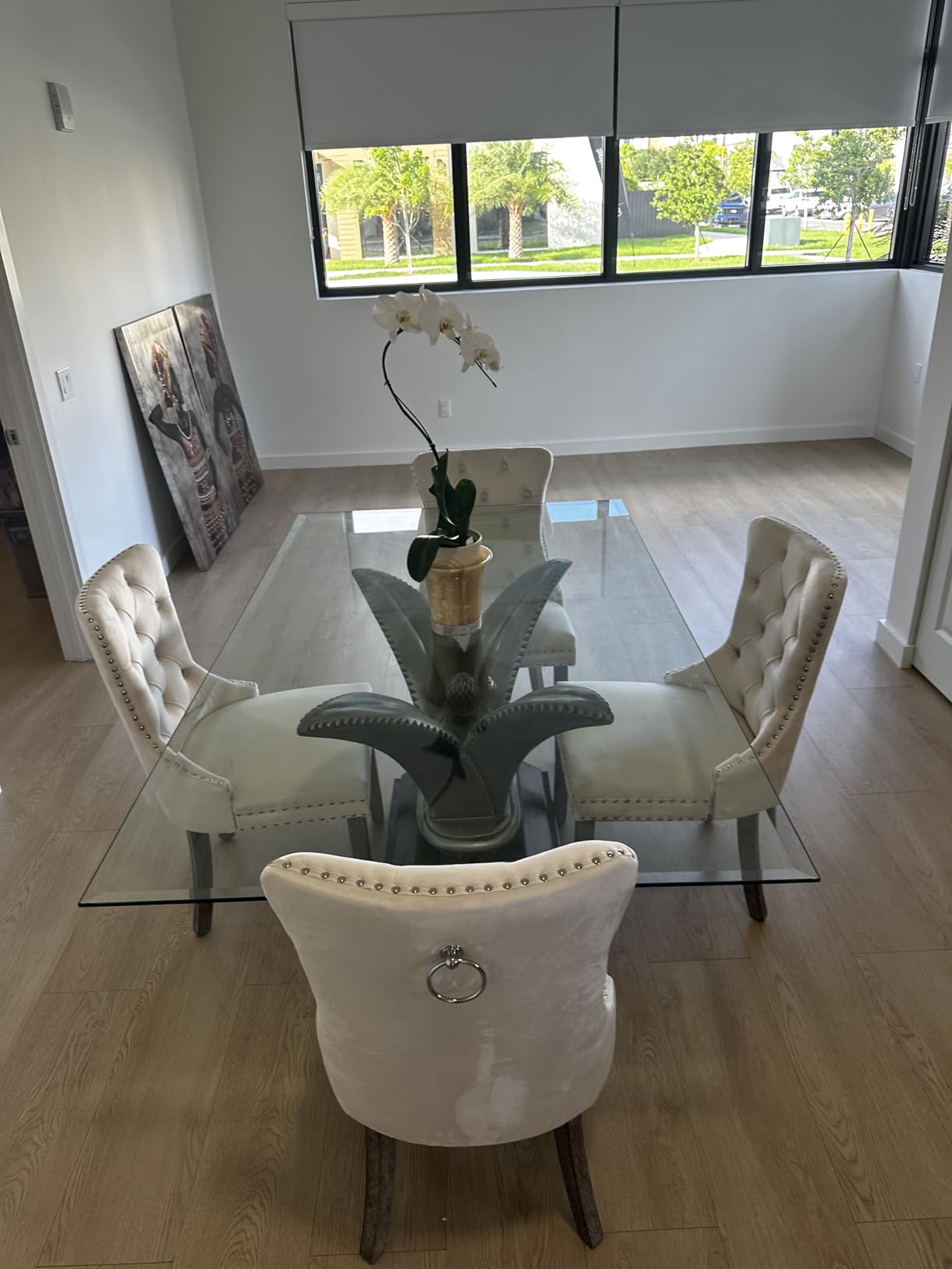 KCC Velvet Dining Chairs Set of 4, Upholstered High-end Tufted Dining Room Chair with Nailhead Back Ring Pull Trim Solid Wood Legs, Nikki Collection Modern Style for Kitchen, Beige customer photo 2