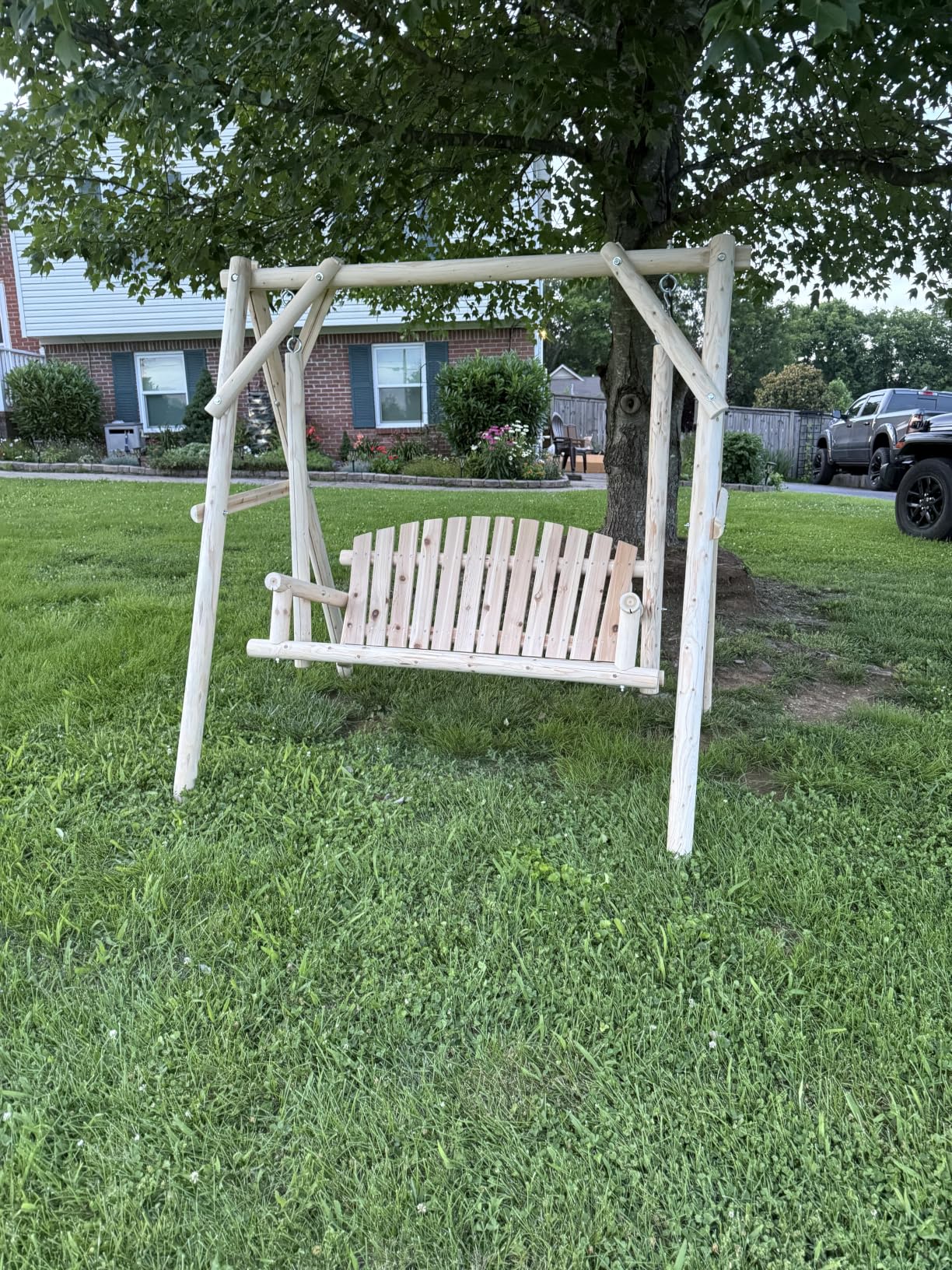 VINGLI Heavy Duty 880 LBS Wooden Patio Porch Swing with A-Frame Stand, Hanging Swing Bench Chair for Outside, Yard, Garden (Natural) customer photo 1