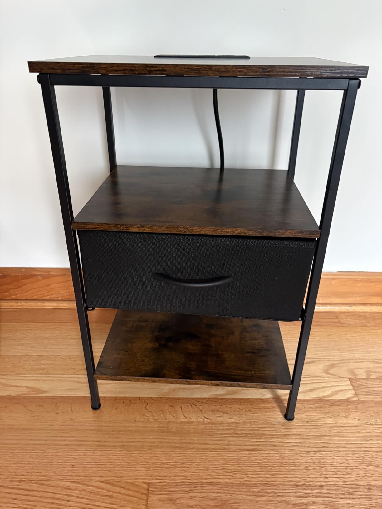 SUPERJARE Nightstand with Charging Station, Bed Side Table with Adjustable Fabric Drawer, Night Stand for Bedroom, 3-Tier Storage End Table, for Living Room, Rustic Brown and Black customer photo 1