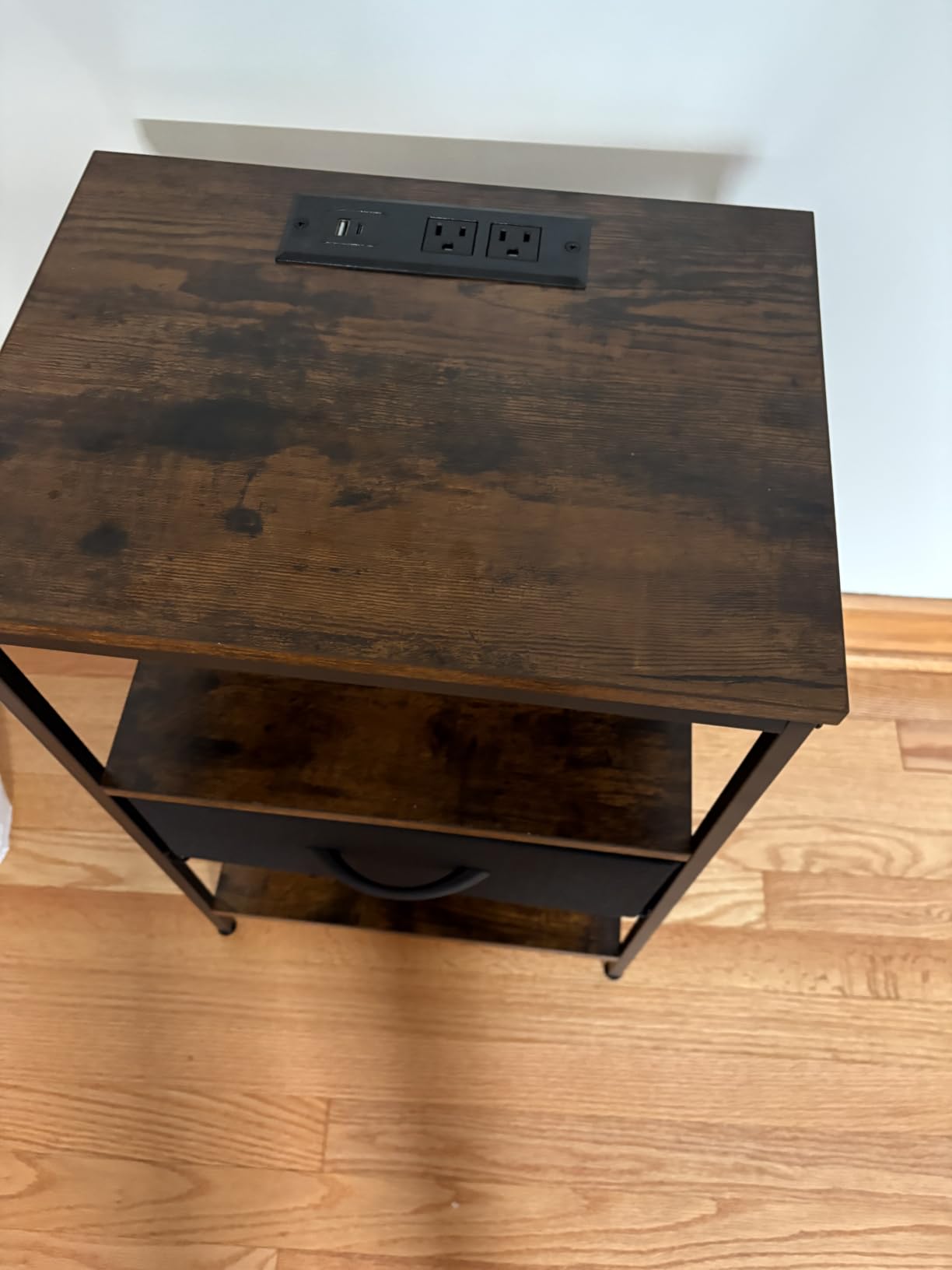 SUPERJARE Nightstand with Charging Station, Bed Side Table with Adjustable Fabric Drawer, Night Stand for Bedroom, 3-Tier Storage End Table, for Living Room, Rustic Brown and Black customer photo 2