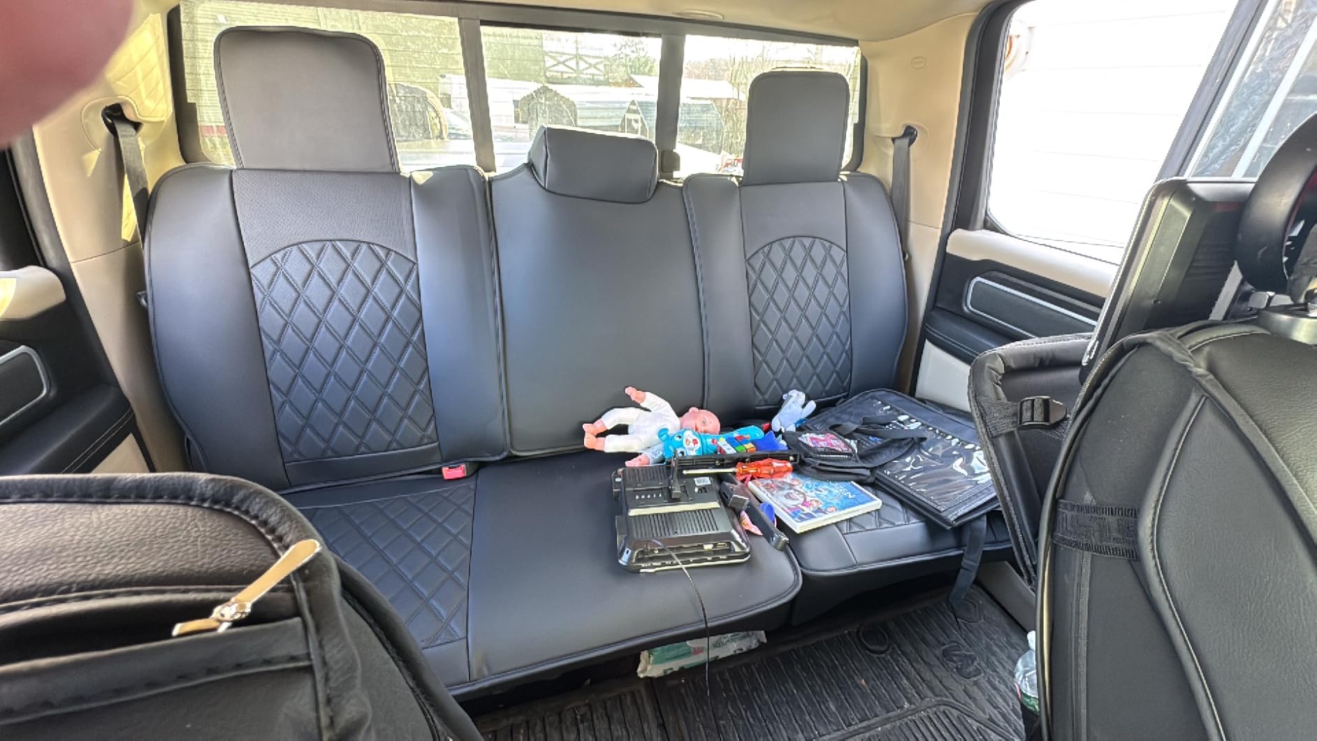 MIROZO Dodge Ram Seat Covers Full Set,Waterproof Car Seat Cover Fits for 2009-2026 Ram 1500/2500/3500 Crew Quad Regular Cab,Heavy Duty Protection Pickup Cushions with Split Flat Bench 40/60,Black customer photo 1