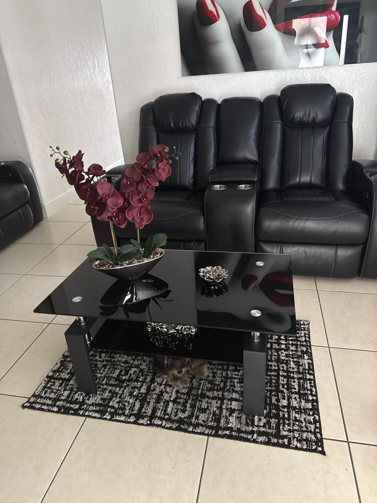 IANIYA Glass Coffee Table, Black Living Room Rectangle Coffee Table with Tempered Glass & Metal Tube, 2 Layers of Storage Space Modern Tea Table Side Table for Waiting Room Small Space customer photo 2