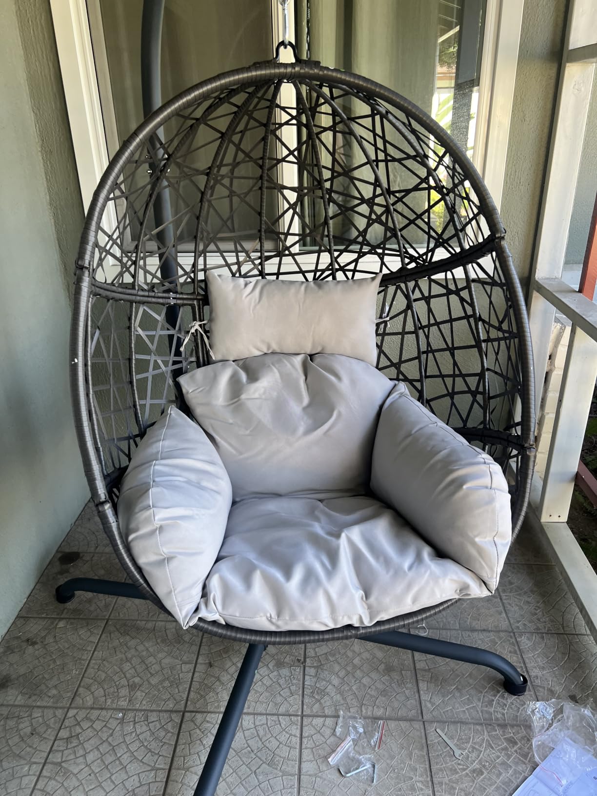 Swing Egg Chair with Stand, Bird Cage Patio Hanging Chair with Cushion, Large Swinging Chairs Indoor Outdoor, All-Weather 350lbs Eggshell Basket Seat for Porch, Backyard, Dark Grey customer photo 1