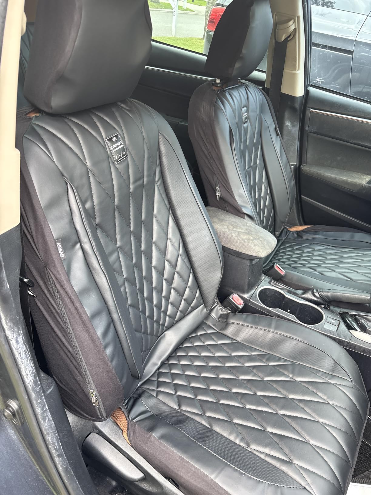 CAR PASS 5 Seats Piping Luxury Faux Leather Seat Covers Full Set, Anti-Slip Waterproof Seat Covers Compatible with Front Armrests, Universal Fit for Suvs,Vans,Trucks,Airbag Compatible, Pure Black customer photo 1