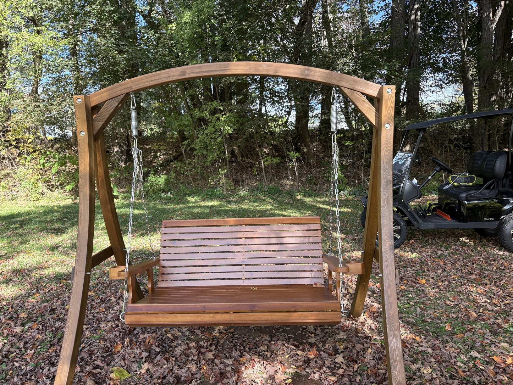 VINGLI XL Size Patio Wooden Porch Swing Outdoor with Cup Holders, Heavy Duty 880 LBS Hanging Swing Chair Bench with Hanging Chains for Yard, Lawn, Garden (4 FT Pro, Rustic) customer photo 1