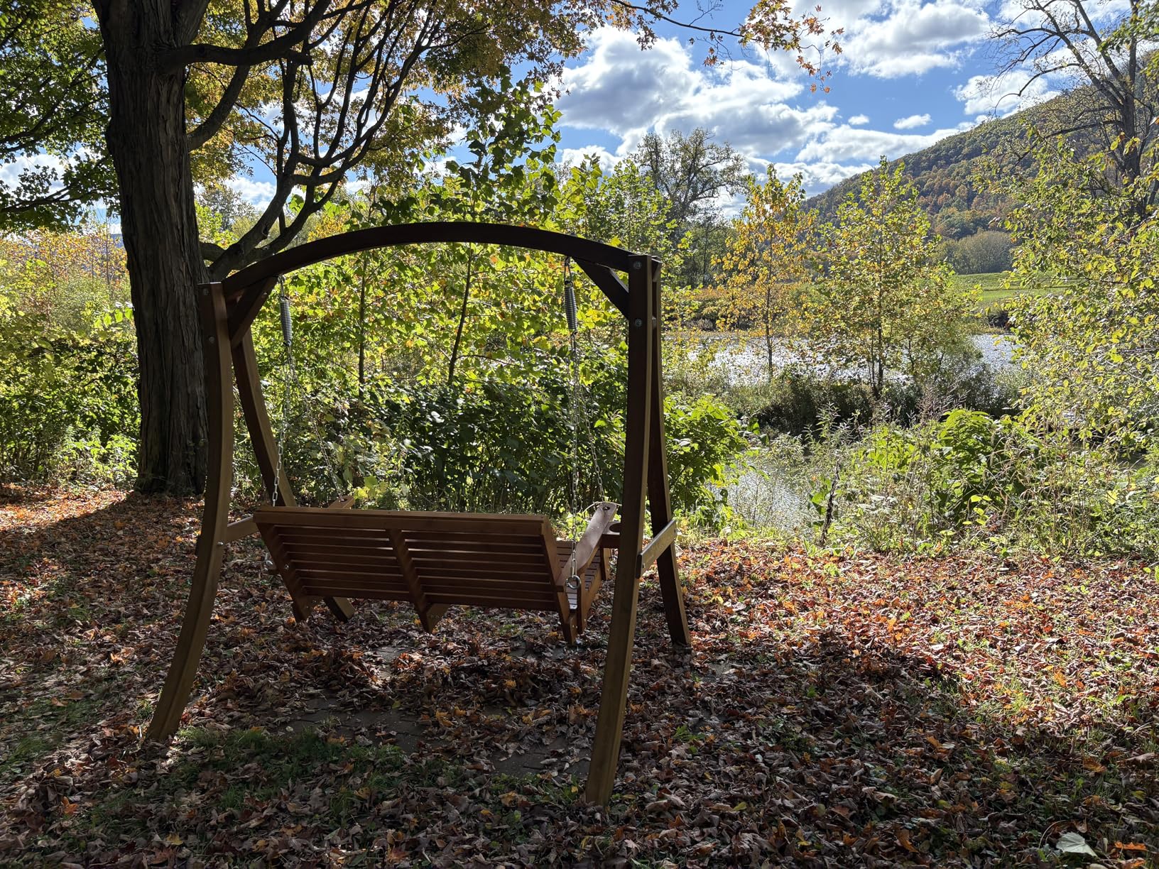 VINGLI XL Size Patio Wooden Porch Swing Outdoor with Cup Holders, Heavy Duty 880 LBS Hanging Swing Chair Bench with Hanging Chains for Yard, Lawn, Garden (4 FT Pro, Rustic) customer photo 2