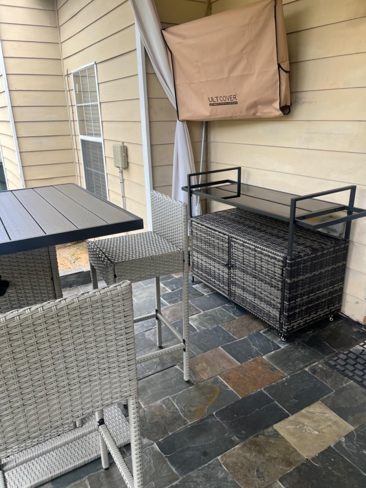 Outsunny PE Rattan Outdoor Storage Cabinet, Wicker Outdoor Bar Table Kitchen Island with Wheels & 2-Tier Shelf, Patio Serving Cart with Glass Top, Handles, Towel Racks for Poolside, Mixed Gray customer photo 2