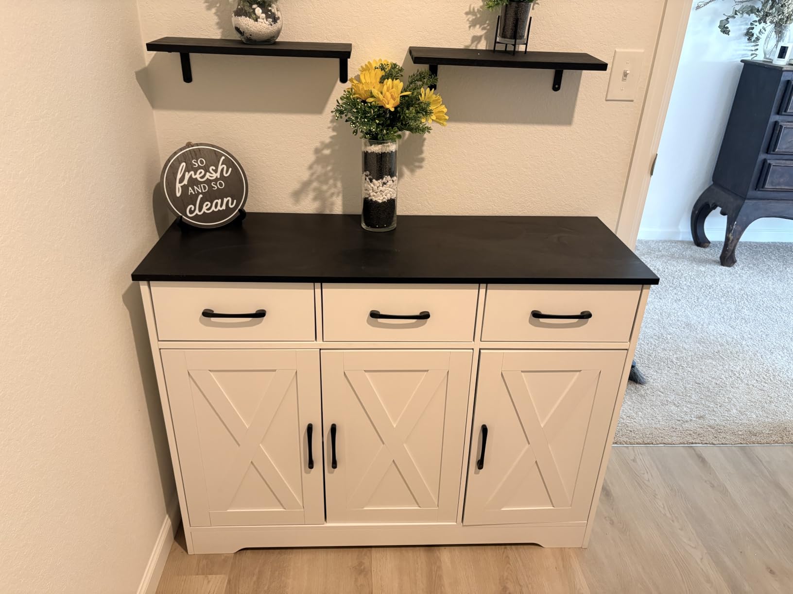 HOSTACK Kitchen Buffet Cabinet with Storage, Sideboard Coffee Bar, Brown | Farmhouse Kitchen Storage Cabinet with 3 Drawers & Adjustable Shelf & Doors, 42.5