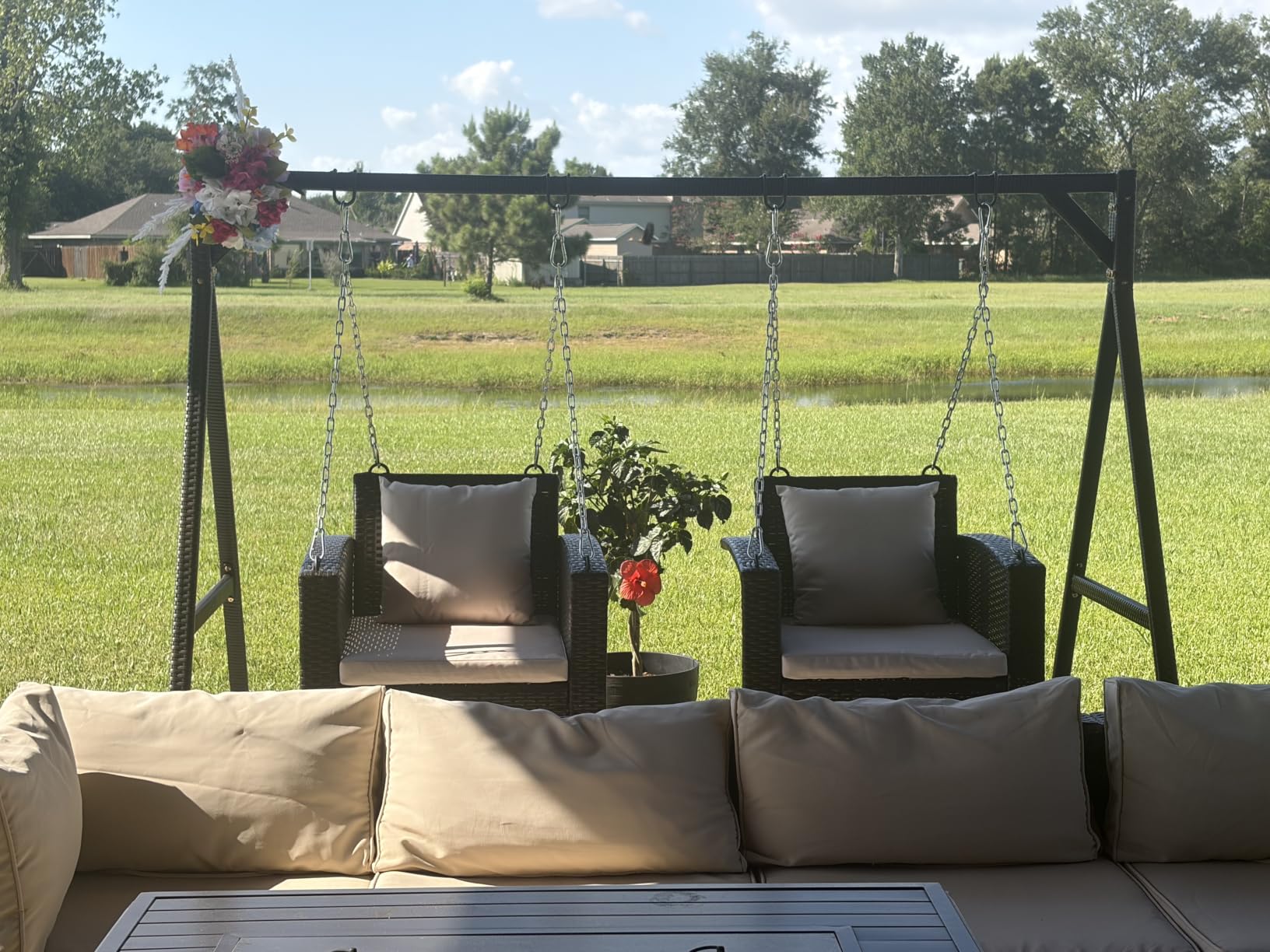 VINGLI 4 Ft Rattan Porch Swing Outdoor Support 800 LBS with Cushions & Adjustable Chains, Patio Wicker Swing Bench Chair for Garden, Yard, Lawn, Tree, Grey customer photo 2