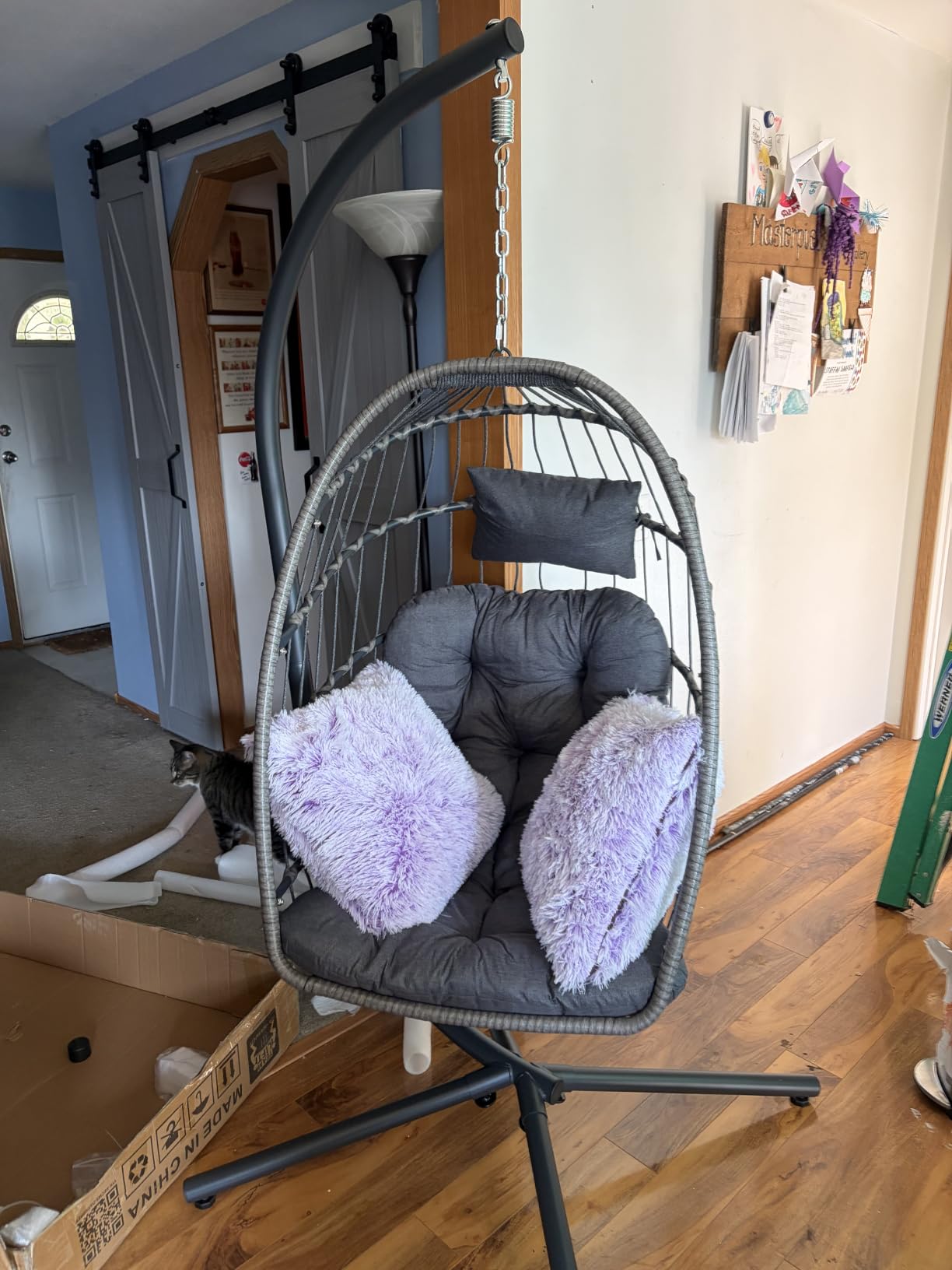 SWITTE Egg Chair Outdoor with Stand, Indoor Wicker Hanging Egg Swing Chair with Cushion, 350lbs Capacity for Patio, Bedroom, Garden - Dark Grey customer photo 1