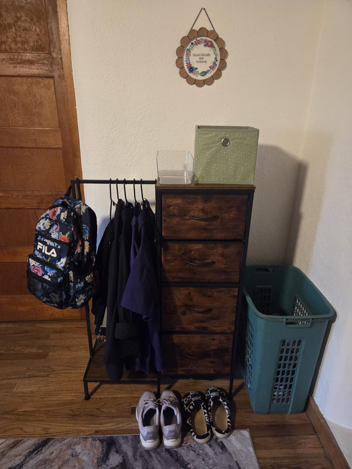 Tall Dresser 44''H with Hanging Rack, 4 Drawers Small Closet Dresser for Bedroom, Reversible Fabric Chest of Drawers with Clothes Rack, Tall Storage Tower, Sturdy Frame, White customer photo 2