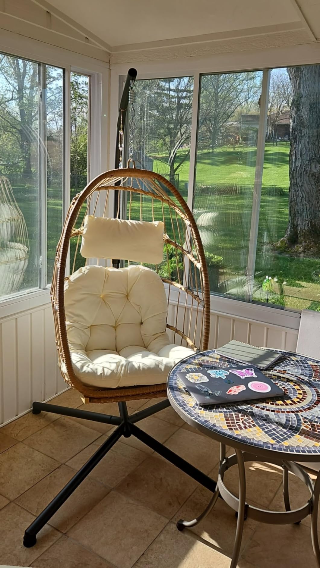 Brafab Hanging Egg Chair with Stand and Footrest, Wicker Egg Swing Chair Indoor Outdoor Aluminum-Steel Frame and UV Resistant Cushion, Patio Lounge Hammock Chairs for Bedroom 370LBS Capacity, Begie customer photo 2