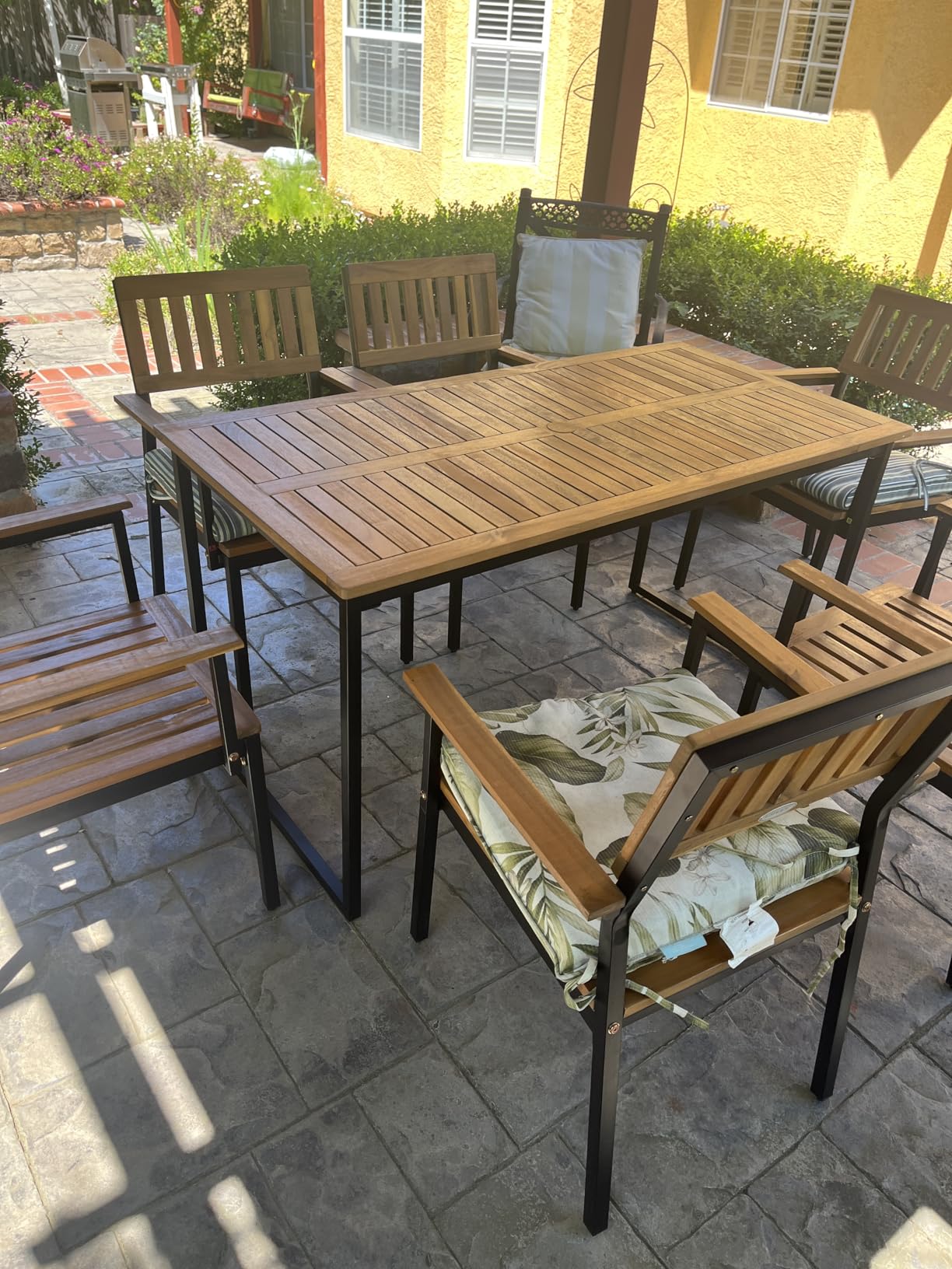 Tangkula 7 Piece Outdoor Dining Set for 6, Acacia Wood Rectangular Dining Table & 6 Armchairs w/Metal Frame, Umbrella Hole, Farmhouse Dining Furniture Set for Garden Porch Poolside Yard customer photo 2