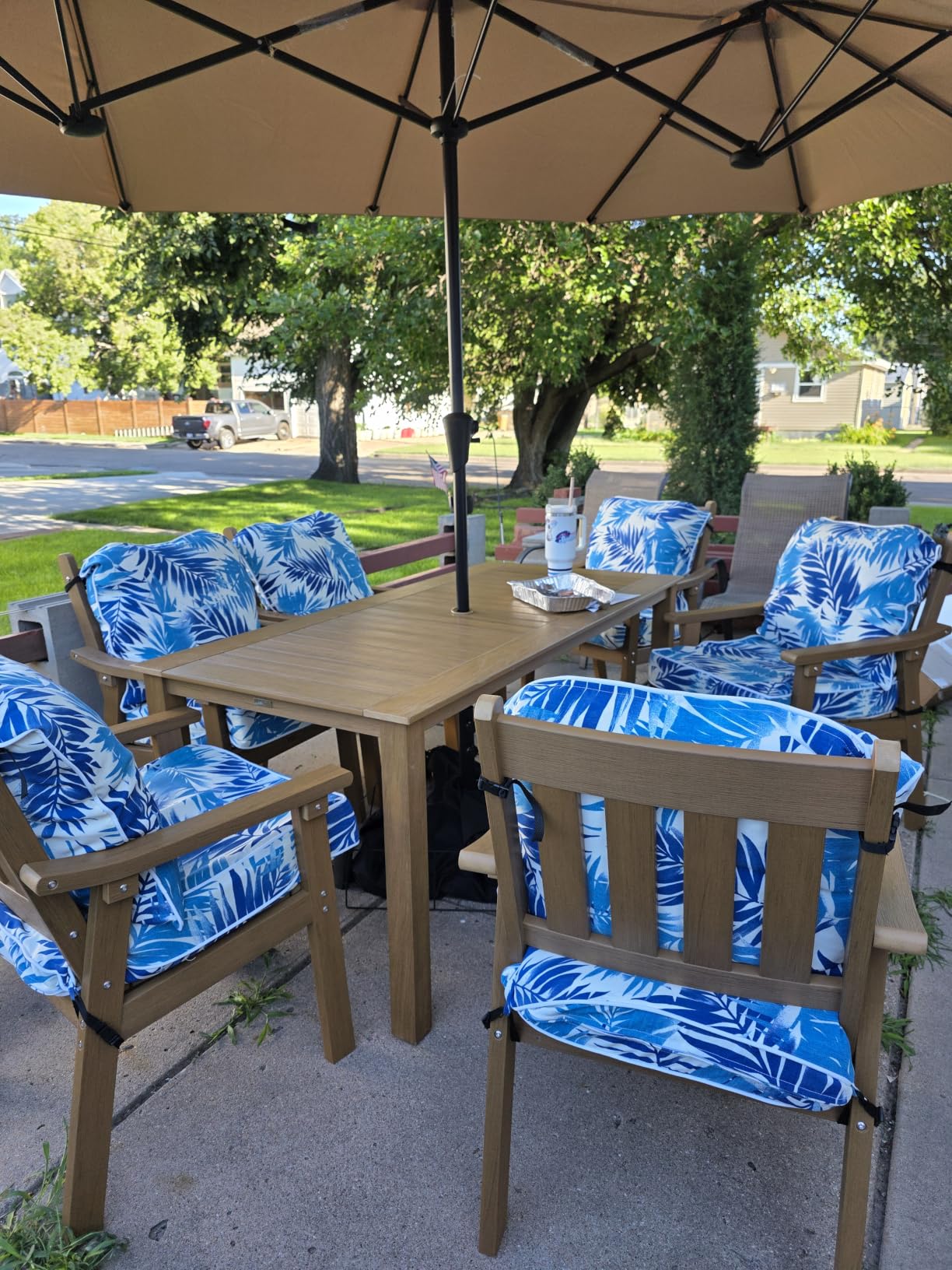 YEFU HIPS Patio Table Set: 7 Piece Outdoor Table and Chairs Dining Furniture Set with Umbrella Hole - Teak Modern Plastic Dining Sets 6 Person for Outside Deck with Metal Aluminum Frame customer photo 2