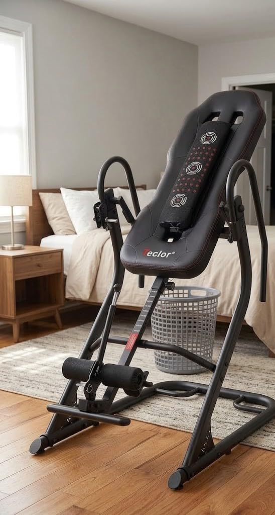 Teclor Inversion Table, Advanced Heat and Massage Function, Strength Training Inversion Table for Back Pain Relief, 350 lbs Capacity with Thickened 3D Memory Foam backrest, Black customer photo 2