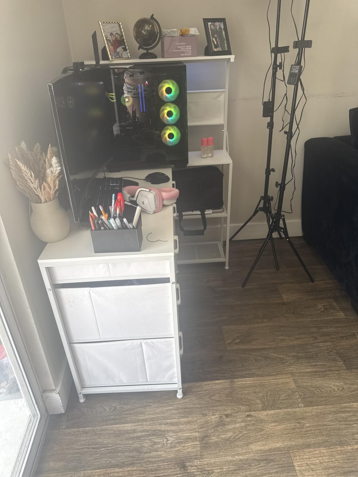SEDETA Corner Computer Desk, Reversible L Shaped Computer Desk with Fabric Drawers and Power Outlet, 47.2