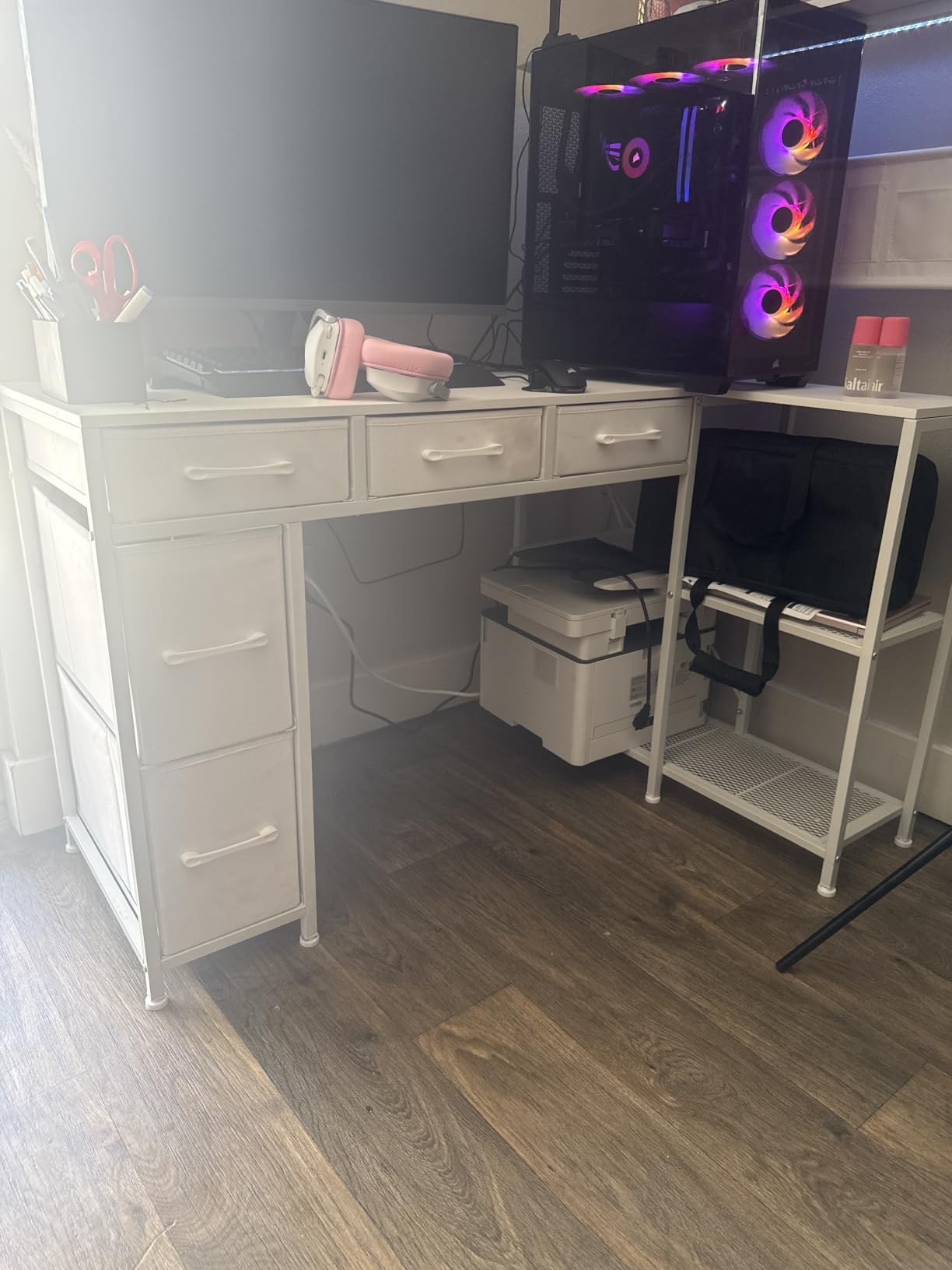 SEDETA Corner Computer Desk, Reversible L Shaped Computer Desk with Fabric Drawers and Power Outlet, 47.2