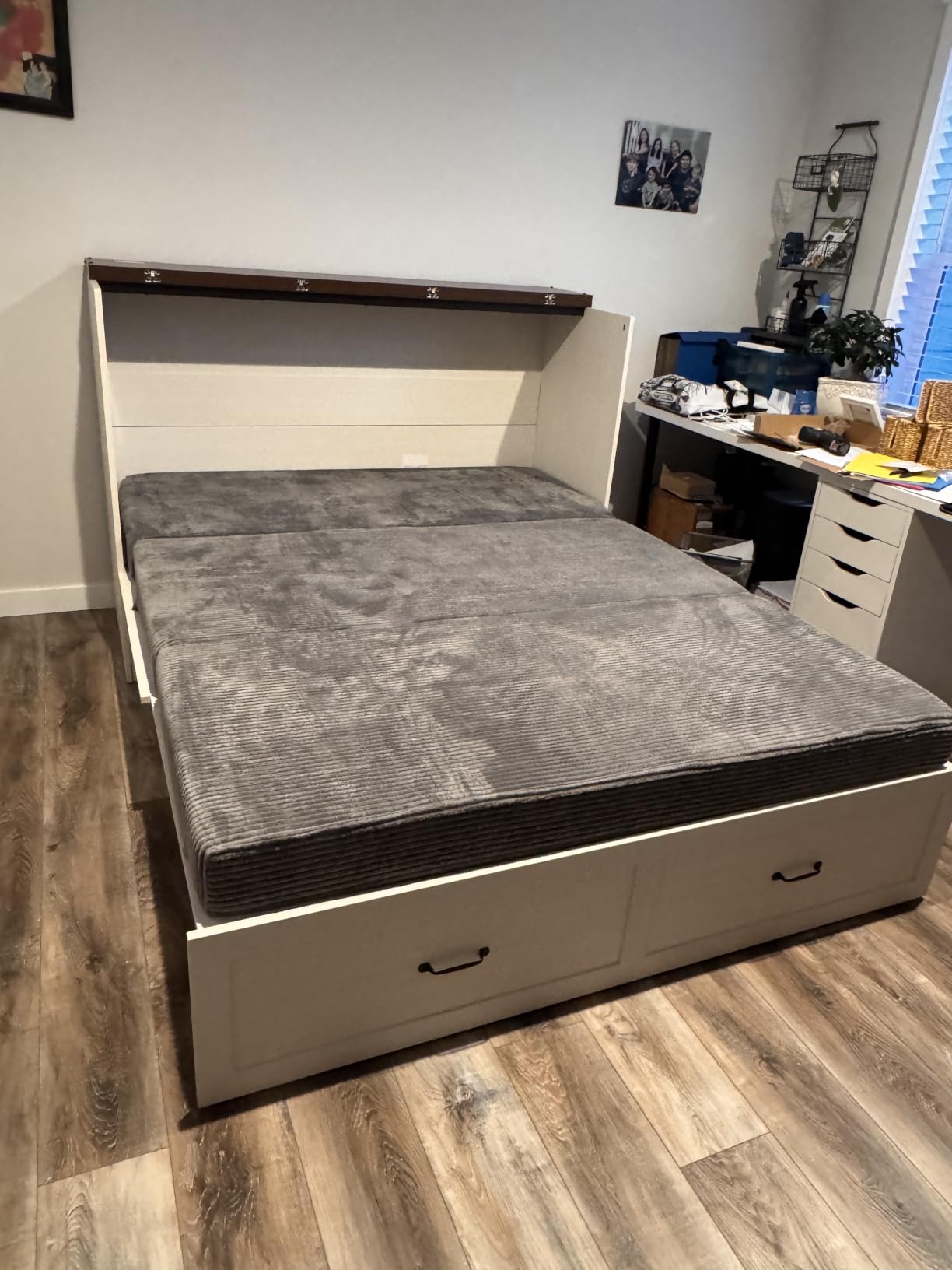 Hlivelood Queen Size Murphy Chest Bed with Drawer and Charging Station, Farmhouse Wood Space-Saving Hidden Folding Bed Chest, Rustic White customer photo 2