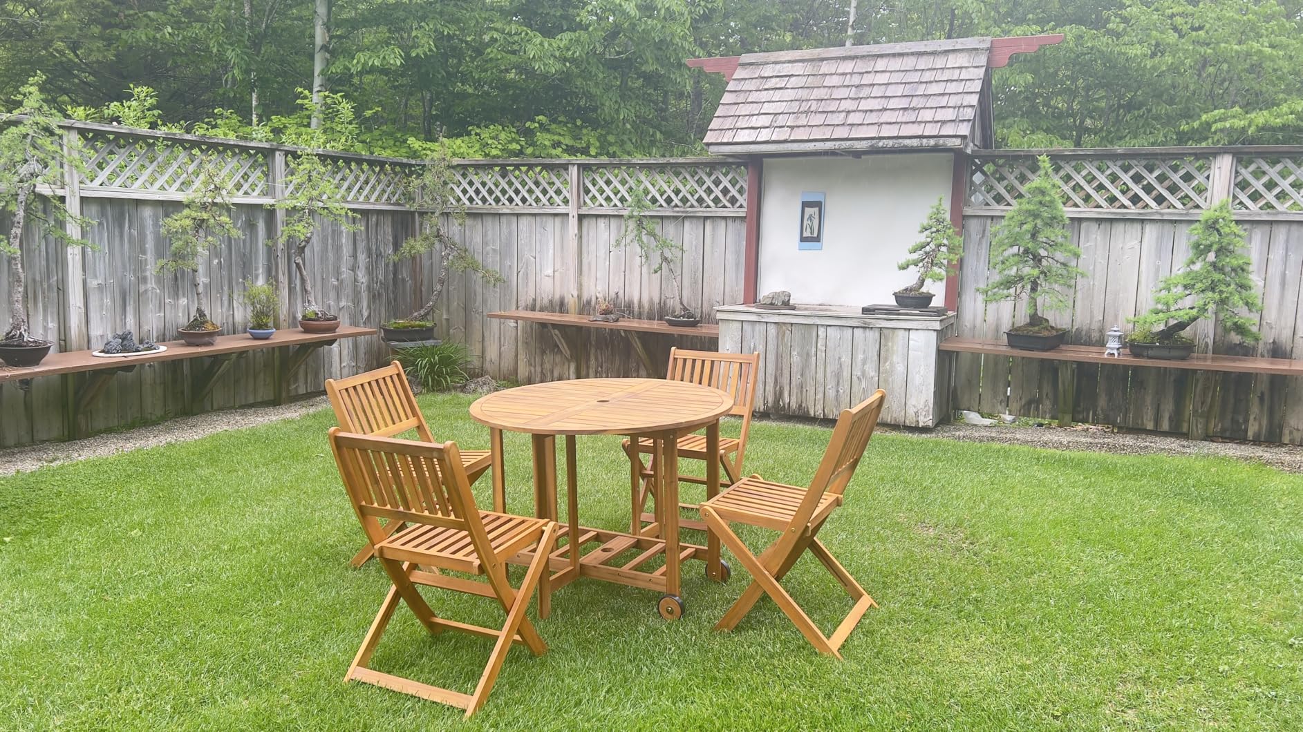 Devoko 5 PCS Patio Furniture, Patio Dining Set Acacia Wood Outdoor Table and Chairs, with 4 Folding Chairs and 37 Round Movable Table, Outdoor Dining Set for Lawn, Balcony, Garden (Light Brown) customer photo 1