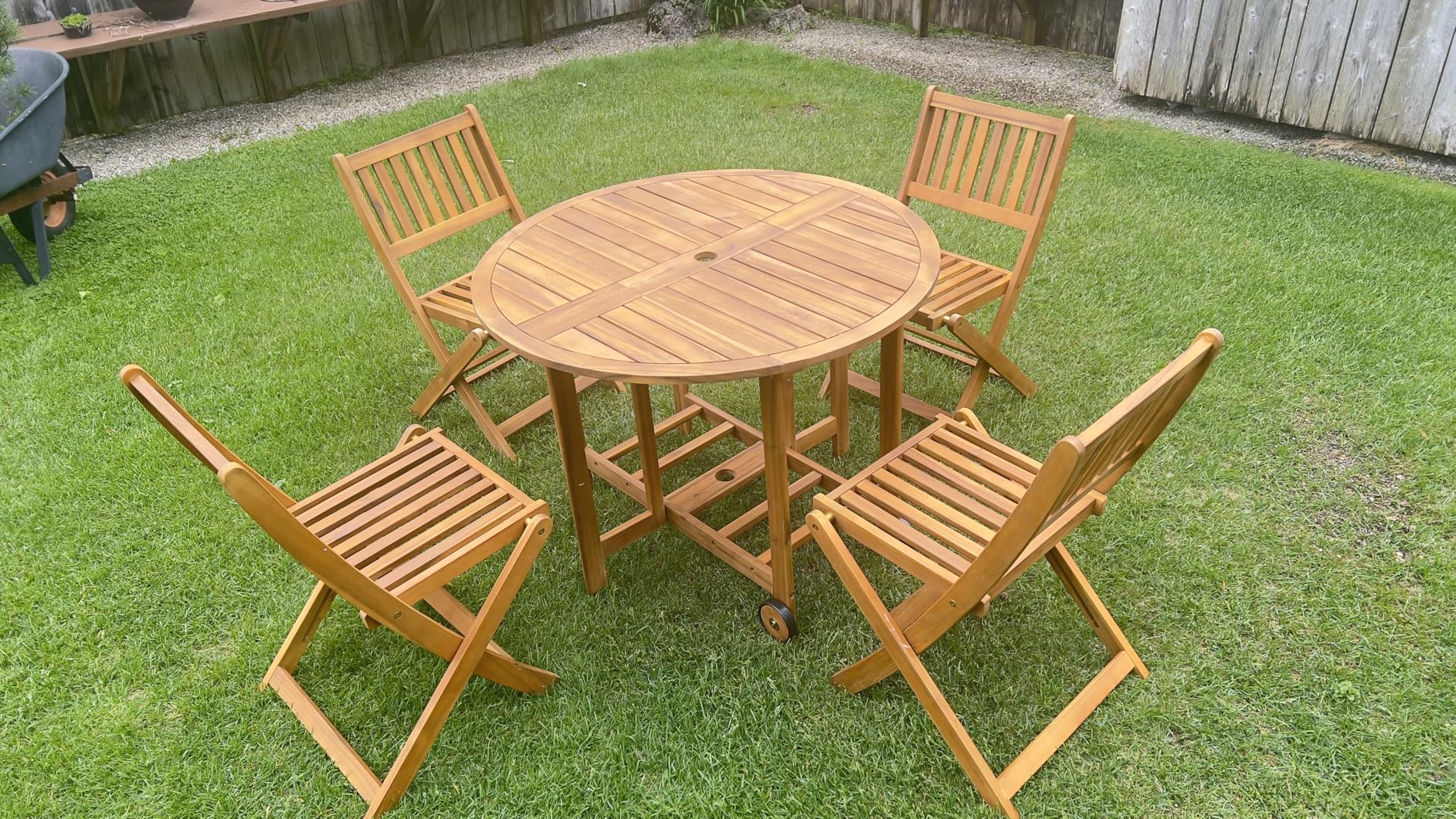 Devoko 5 PCS Patio Furniture, Patio Dining Set Acacia Wood Outdoor Table and Chairs, with 4 Folding Chairs and 37 Round Movable Table, Outdoor Dining Set for Lawn, Balcony, Garden (Light Brown) customer photo 2