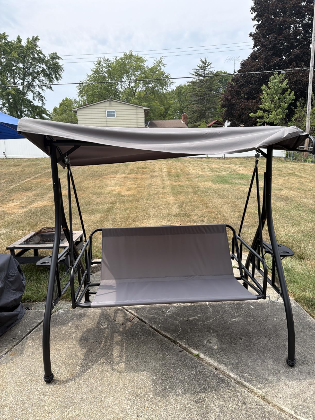 Grepatio Outdoor Porch Swing with Canopy and Stand, 3 Person Patio Swing for Adults, Convertible 2 in 1 Porch Bed Swing with Cup Holder, Grey customer photo 2