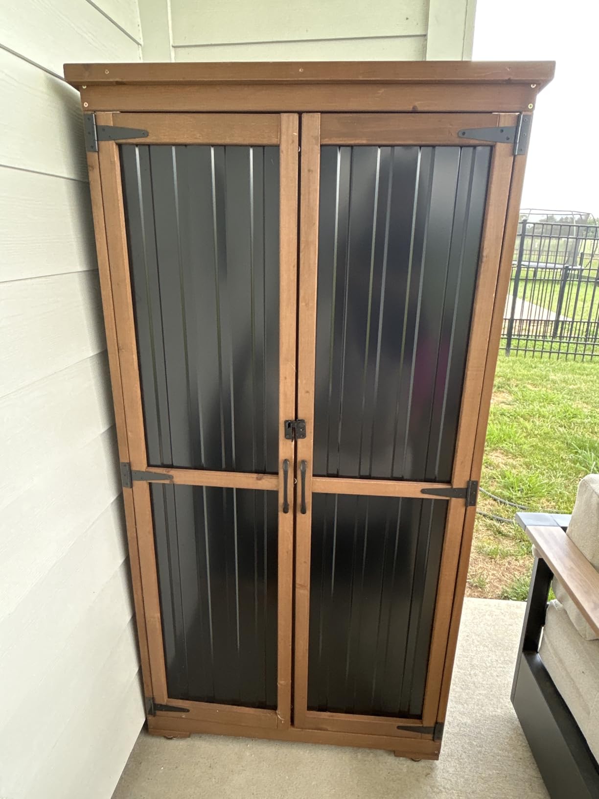 Outdoor Storage Cabinet with Shelves, Weatherproof Stylish Shed for Patio, Adjustable shelf for flexible storage, lockable doors for security, raised base, Wood & Metal, fits backyard, garage & garden customer photo 2