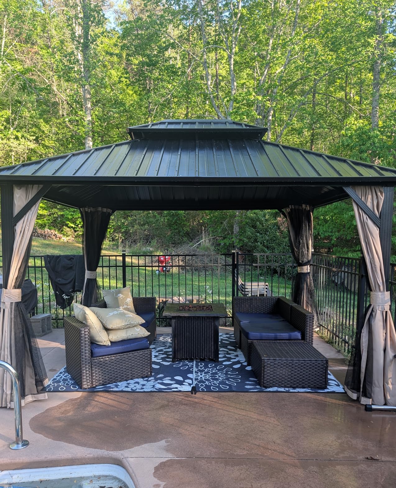 DWVO 11X13FT Gazebo Wood Outdoor Wooden Frame Double Roof Hardtop | Galvanized Steel Top Canopy w/Curtain and Netting, Patio Heavy Duty for Deck, Backyard, Beige Yellow customer photo 1
