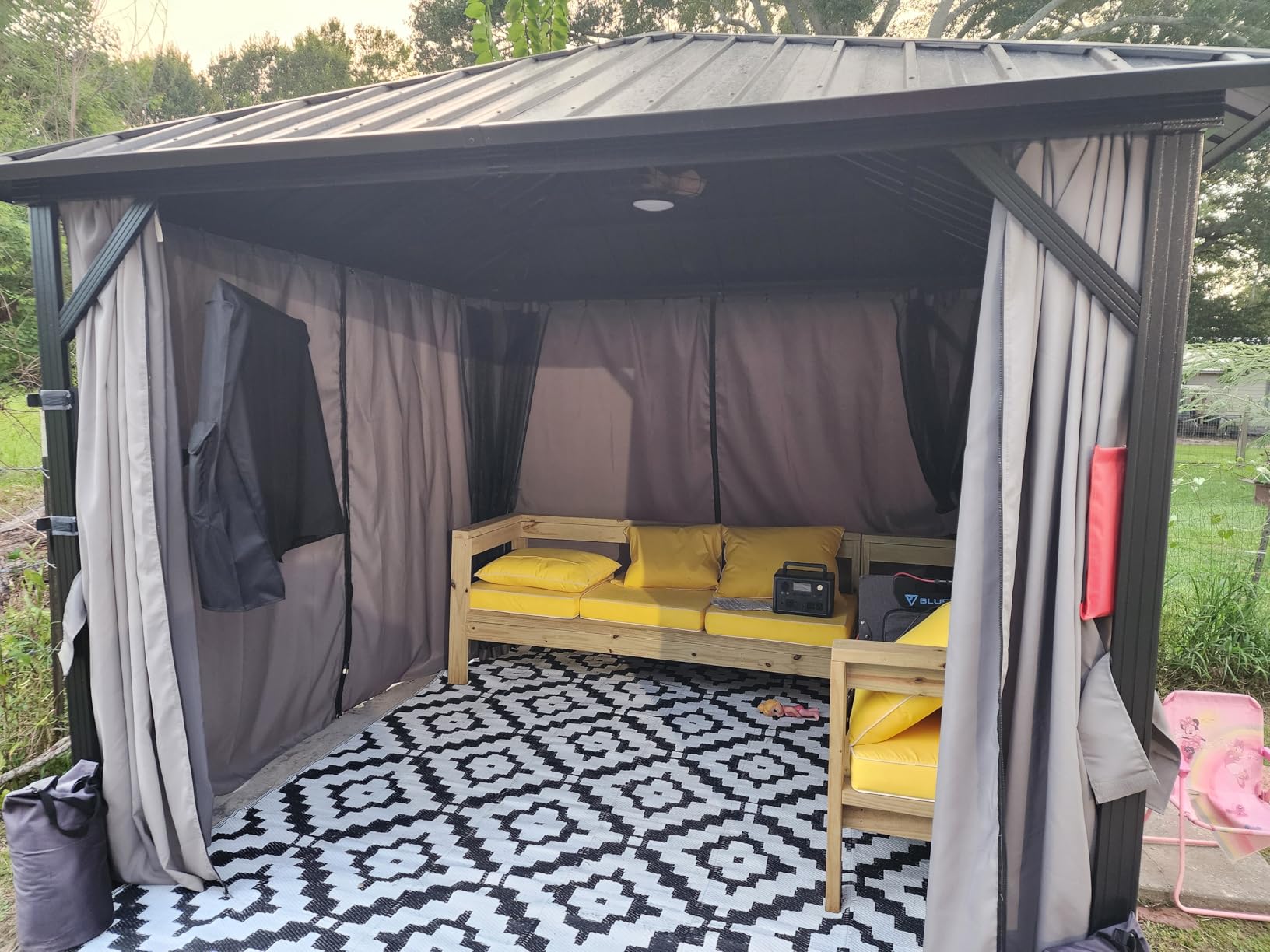 DWVO 11X13FT Gazebo Wood Outdoor Wooden Frame Double Roof Hardtop | Galvanized Steel Top Canopy w/Curtain and Netting, Patio Heavy Duty for Deck, Backyard, Beige Yellow customer photo 2