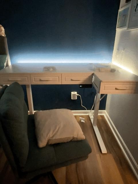 55 Inch L Shaped Standing Desk with 4 Wooden Drawers, White | Reversible Corner Table, Office Table With 4 Wooden Drawers and Outlets For Home Office, Computer Workstation, Sit Stand Use customer photo 1