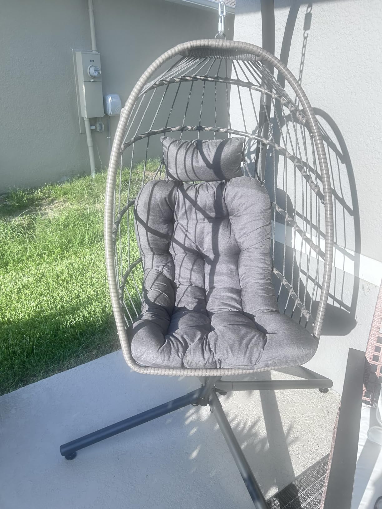 Outdoor Hanging Egg Chair with Stand, Indoor Wicker Egg Shaped Swing Chair with Cushion, 370lbs Capacity Comfy Patio Hammock Chairs for Porch Lawn Bedroom, Grey customer photo 1