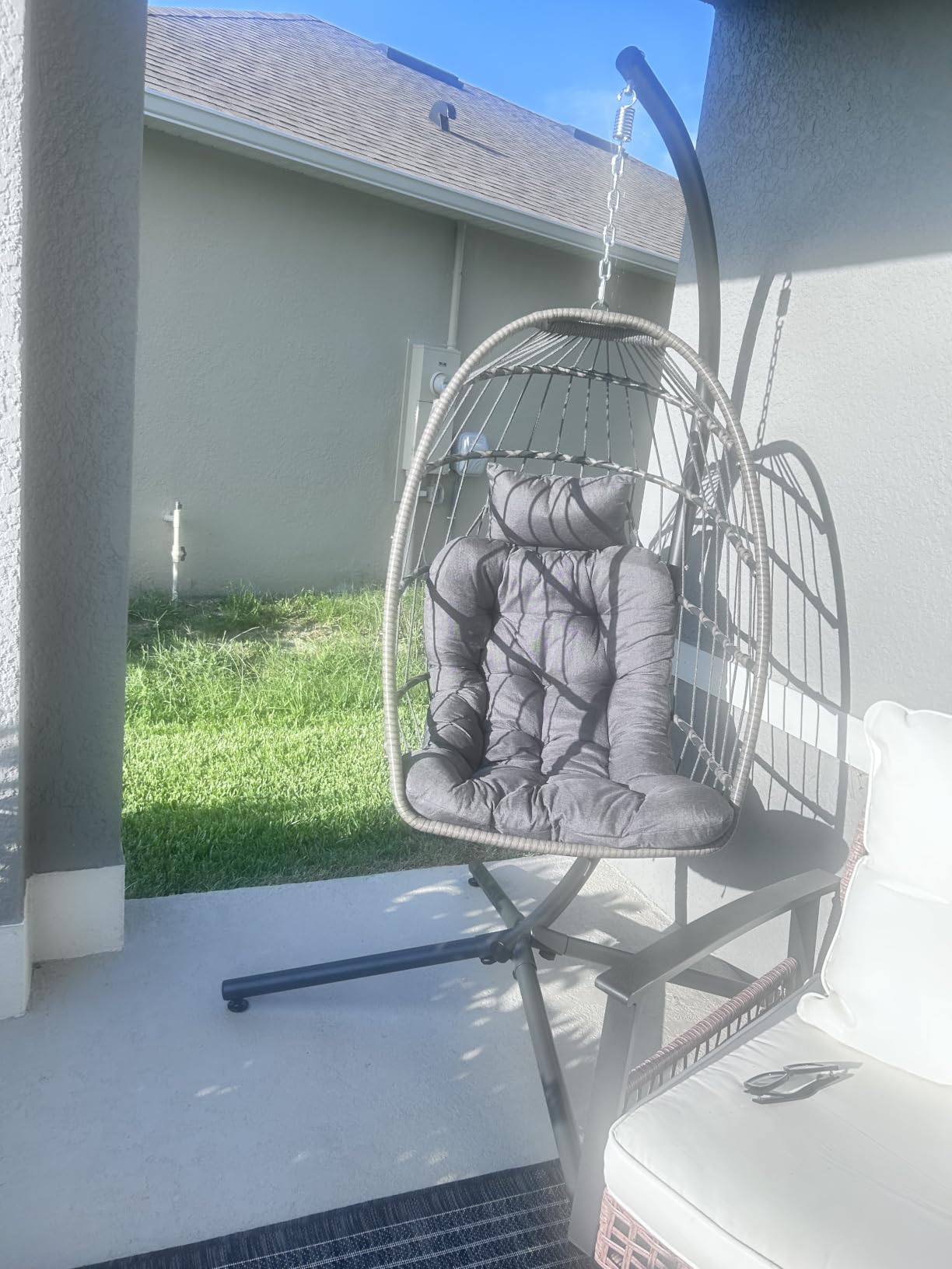Outdoor Hanging Egg Chair with Stand, Indoor Wicker Egg Shaped Swing Chair with Cushion, 370lbs Capacity Comfy Patio Hammock Chairs for Porch Lawn Bedroom, Grey customer photo 2