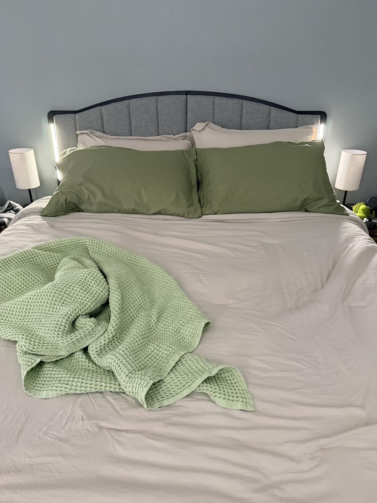 Headboard for Queen Size Bed with LED Lights, Upholstered Vertical Channel Tufting Head Boards, Linen Fabric Bed Headboard Only, Attach Frame, Ideal for Bedroom, Dorm, Guest Room, Grey customer photo 2