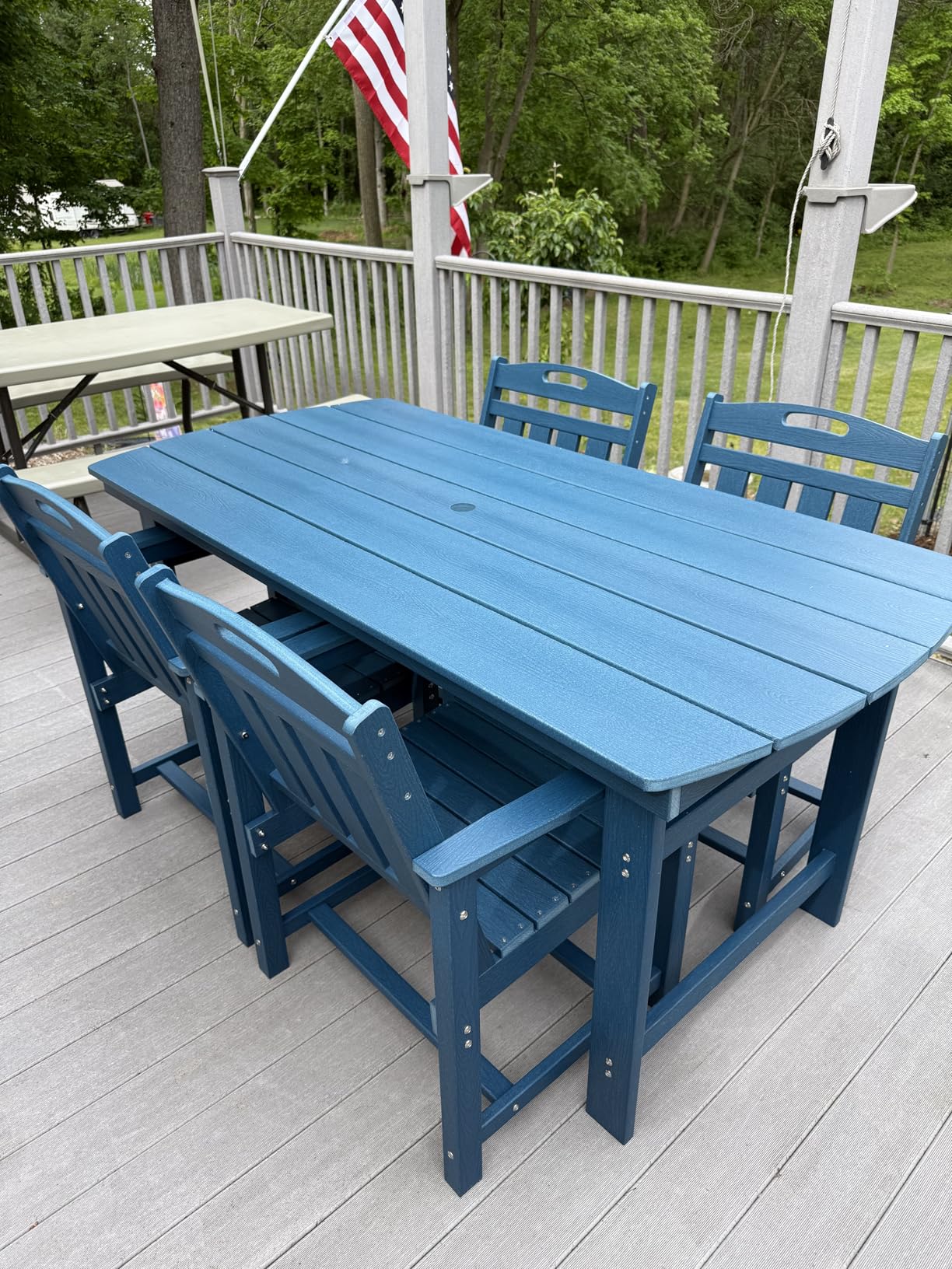 HDPE Outdoor Dining Set of 6, Patio Table and Chairs Sets, Teak | 7-piece heavy-duty all-weather patio furniture set with 2