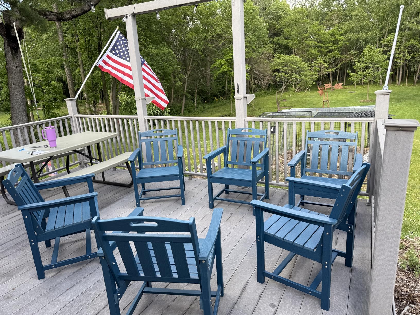 HDPE Outdoor Dining Set of 6, Patio Table and Chairs Sets, Teak | 7-piece heavy-duty all-weather patio furniture set with 2