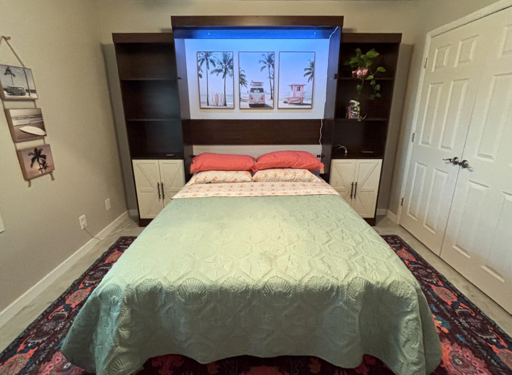 Hlivelood Queen Size Murphy Bed with 2 LED Lights, Farmhouse Wood Hidden Foldable Wall Bed Frame w/Gas Struts, Storage Bed Cabinet, Brown customer photo 1