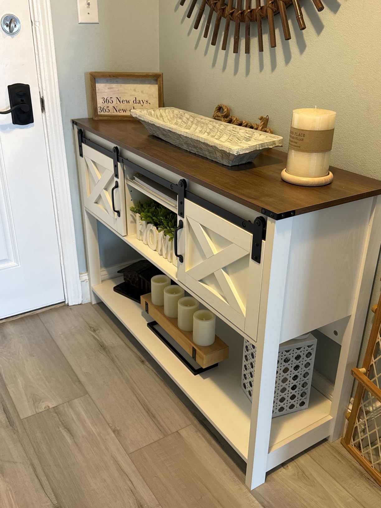 Set of 2 Farmhouse Nightstands, Sofa Side End Table with Storage, Wood Bedside Table with Barn Door for Bedroom Living Room Rustic Vintage White customer photo 2