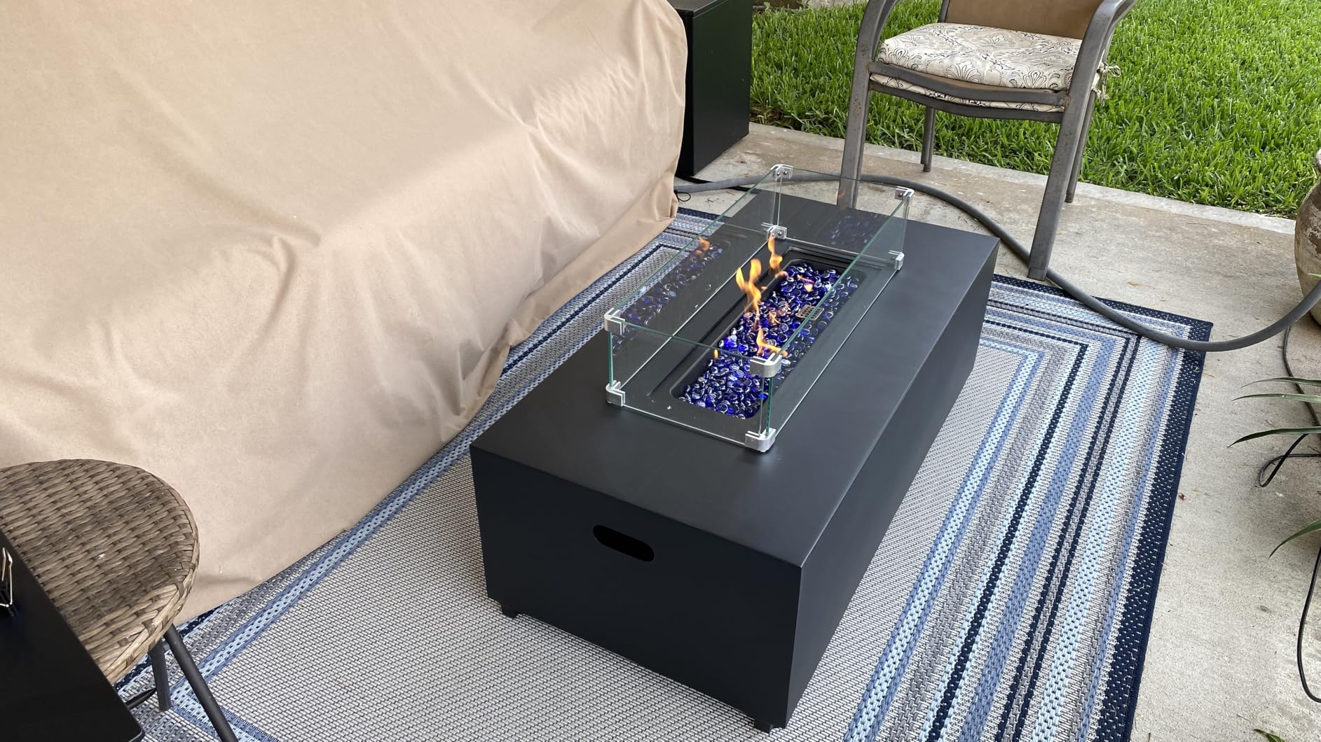 LayinSun 42 Inch Outdoor Fire Pit Table for Outside Patio, 55000BTU Rectangle Propane Firepit with Hidden Fuel Tank, Glass Wind Guard, Waterproof Cover and Lid customer photo 1