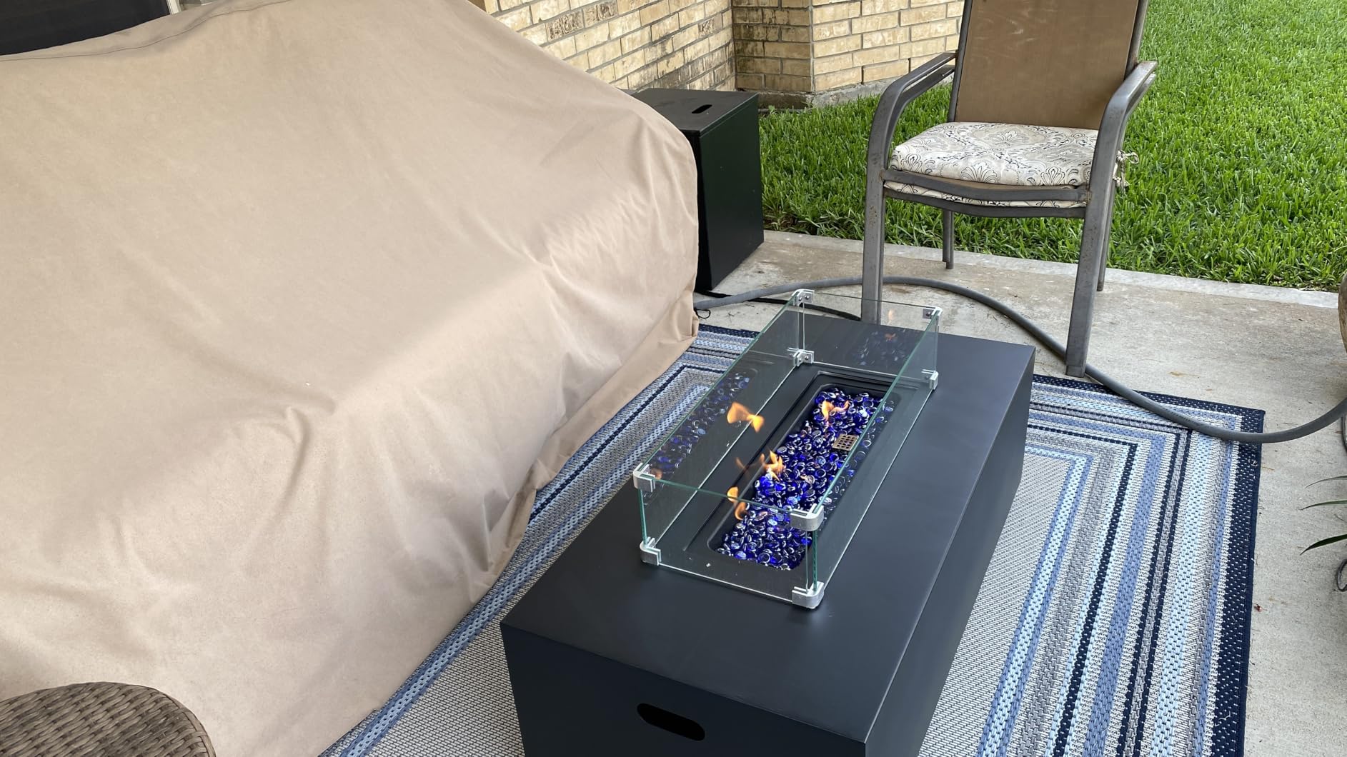 LayinSun 42 Inch Outdoor Fire Pit Table for Outside Patio, 55000BTU Rectangle Propane Firepit with Hidden Fuel Tank, Glass Wind Guard, Waterproof Cover and Lid customer photo 2