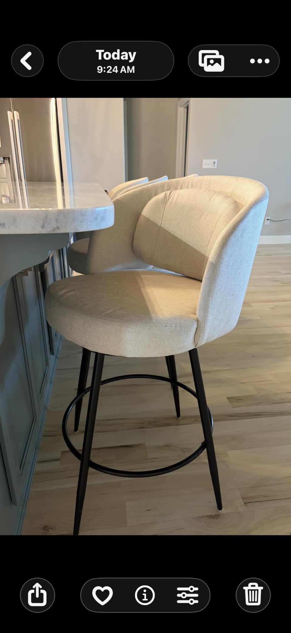 LUE BONA 26''H Swivel Bar Stools Set of 3, Counter Height Bar Stools with Backs, Lumbar Pillow and Black Metal Frames, Upholstered Modern Barstools for Kitchen Island, Linen Fabric, Linen Color customer photo 1