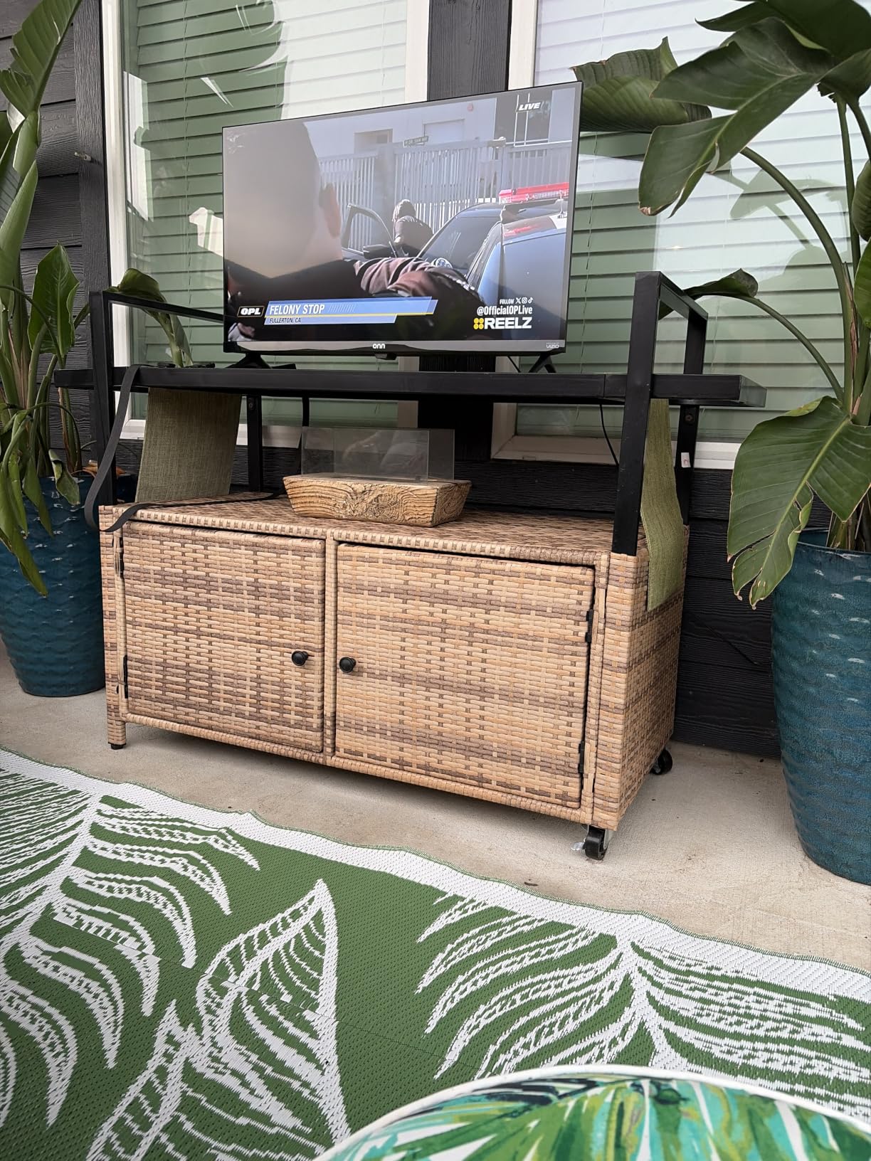 DWVO Outdoor Kitchen Island,Patio Buffet Cabinet with Glass Top&Storage | Bar Cart with Glass Top,Patio Storage Cabinet with Wheels,Outdoor Bar Table for Poolside and Backyard,Black customer photo 1